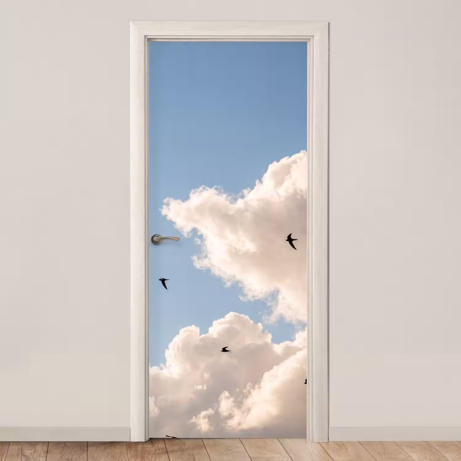 Vogel - Vlucht - Wolken - Natuur - Blauw deurposter klein -3d_beige
