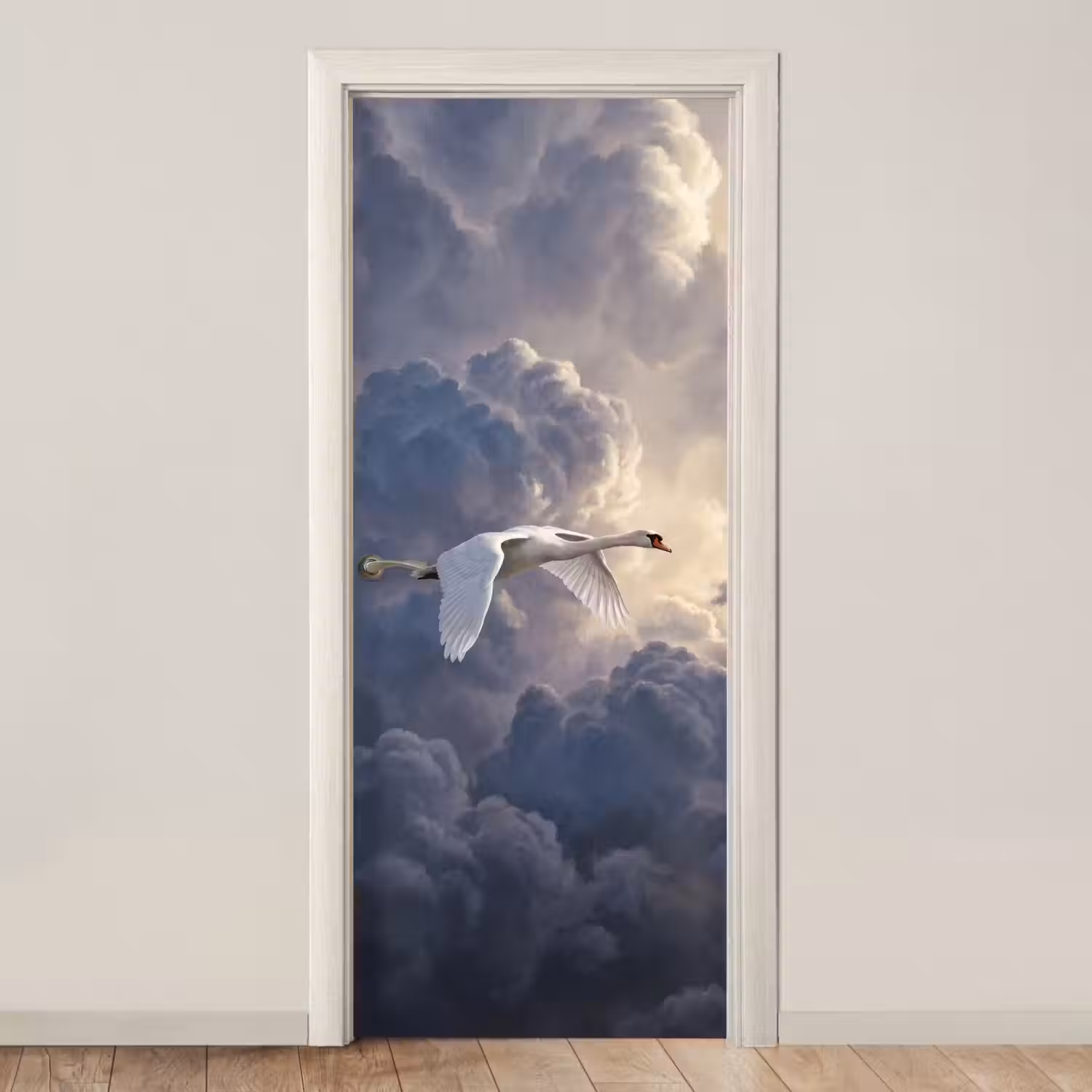 Vogel - Vliegend - Natuur - Wit - Wolken deurposter klein -3d_beige