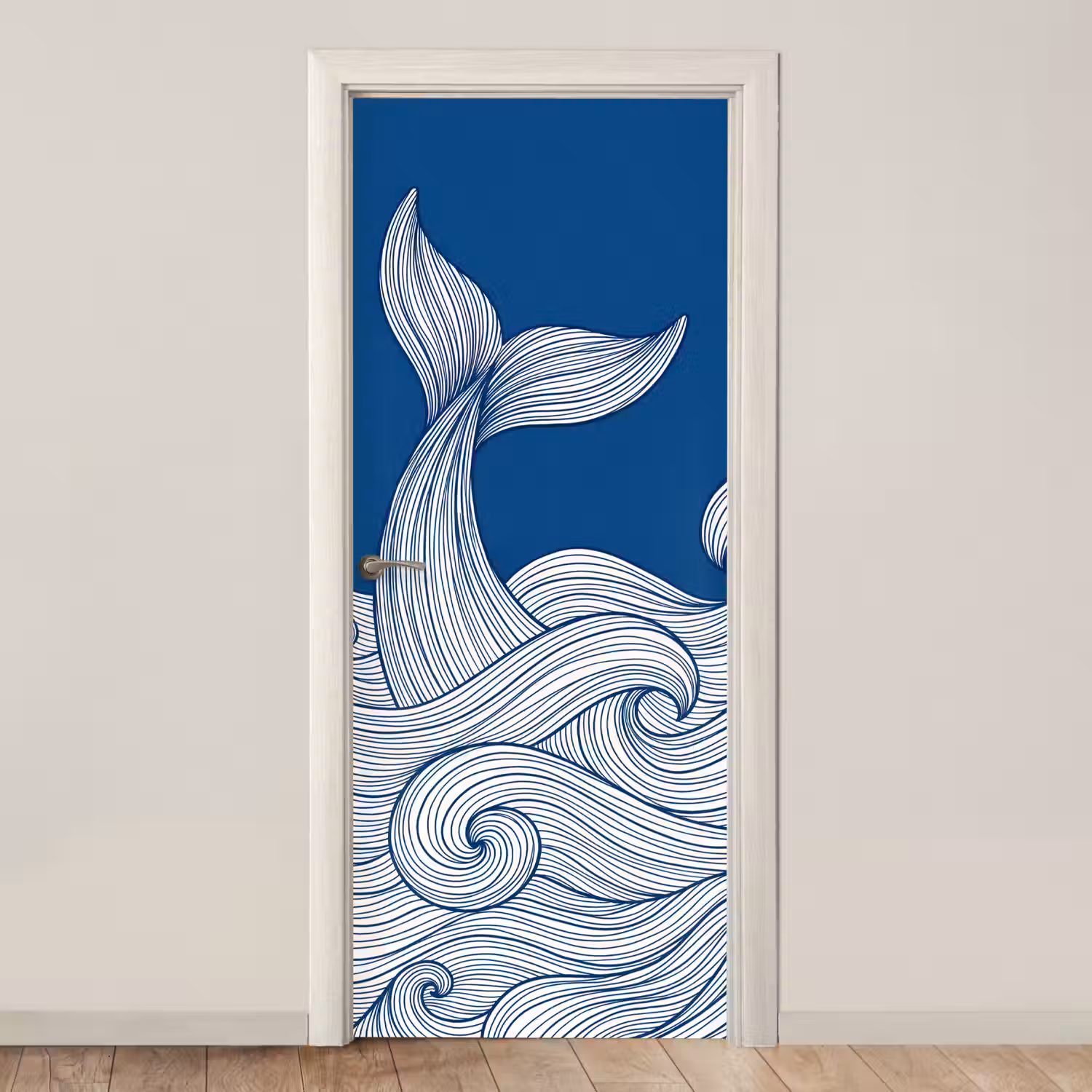 Walvis - Staart - Golven - Lijntekening - Blauw deurposter klein -3d_beige