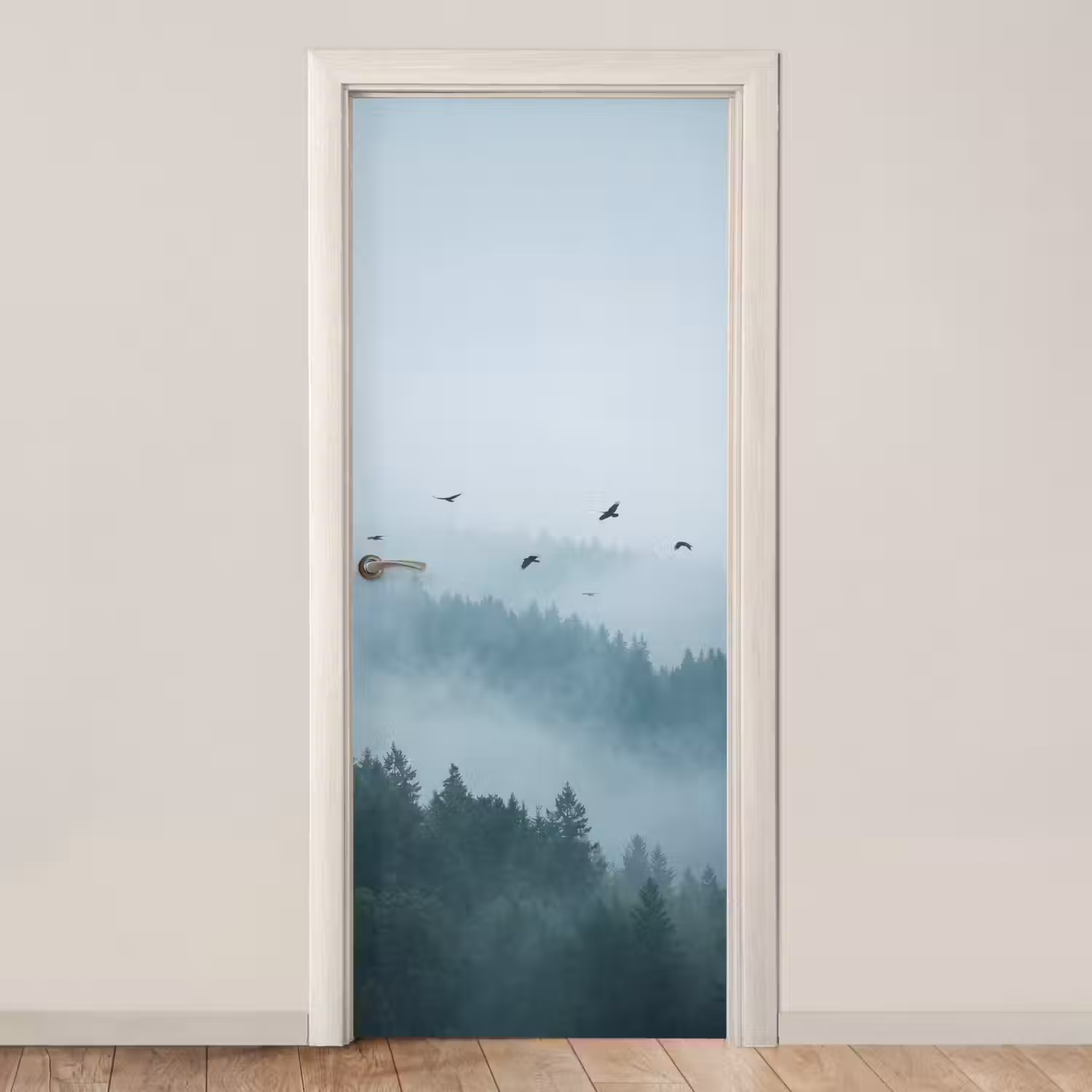 Bos - Mist - Vogels - Natuur - Groen deurposter klein -3d_beige