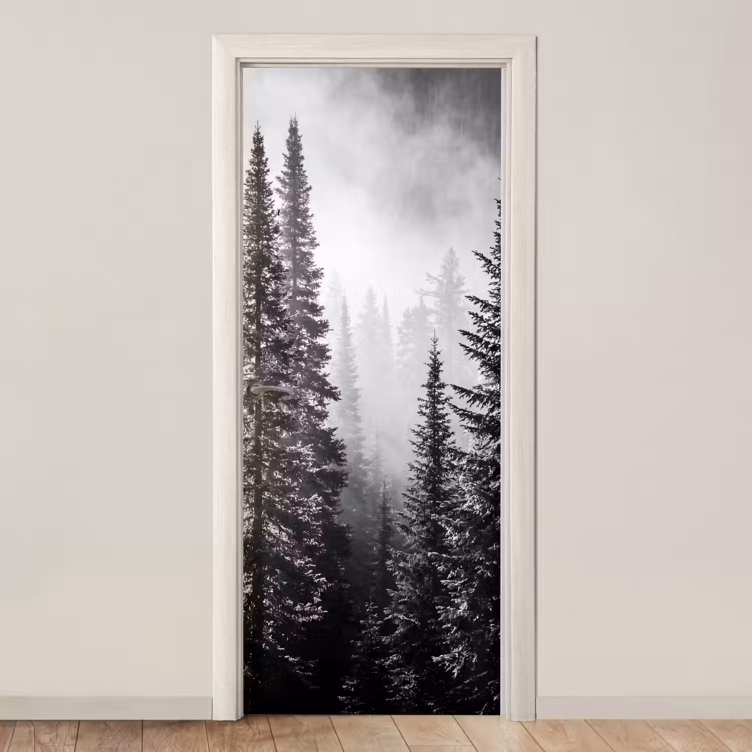 Bos - Mist - Winter - Monochroom - Natuur deurposter klein -3d_beige