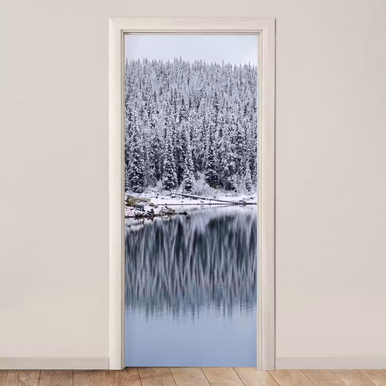 Bos - Reflectie - Meer - Winter - Serene deurposter klein -3d_beige