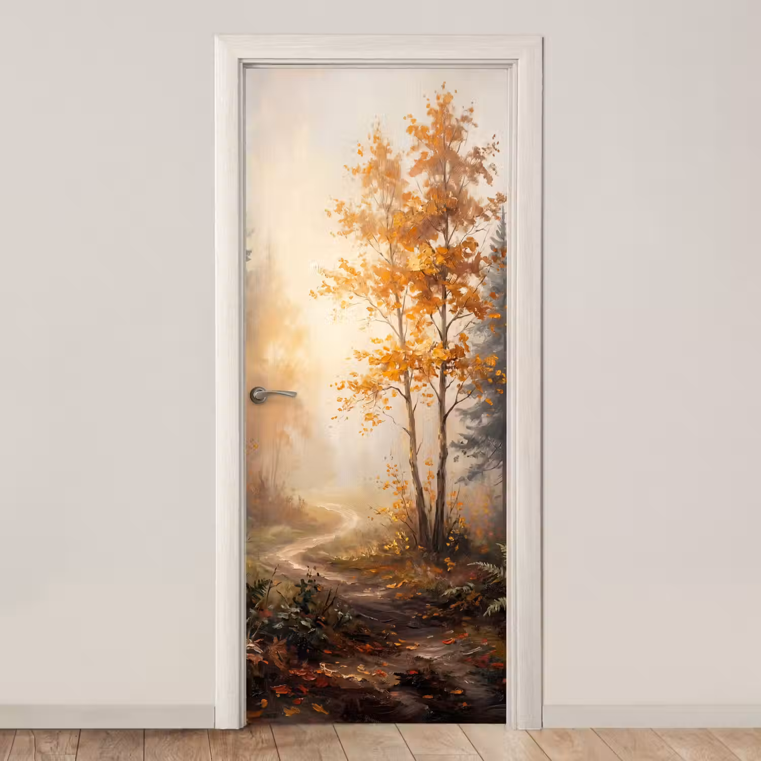 Bospad - Herfstbladeren - Natuur - Schilderachtig - Oranje deurposter klein -3d_beige