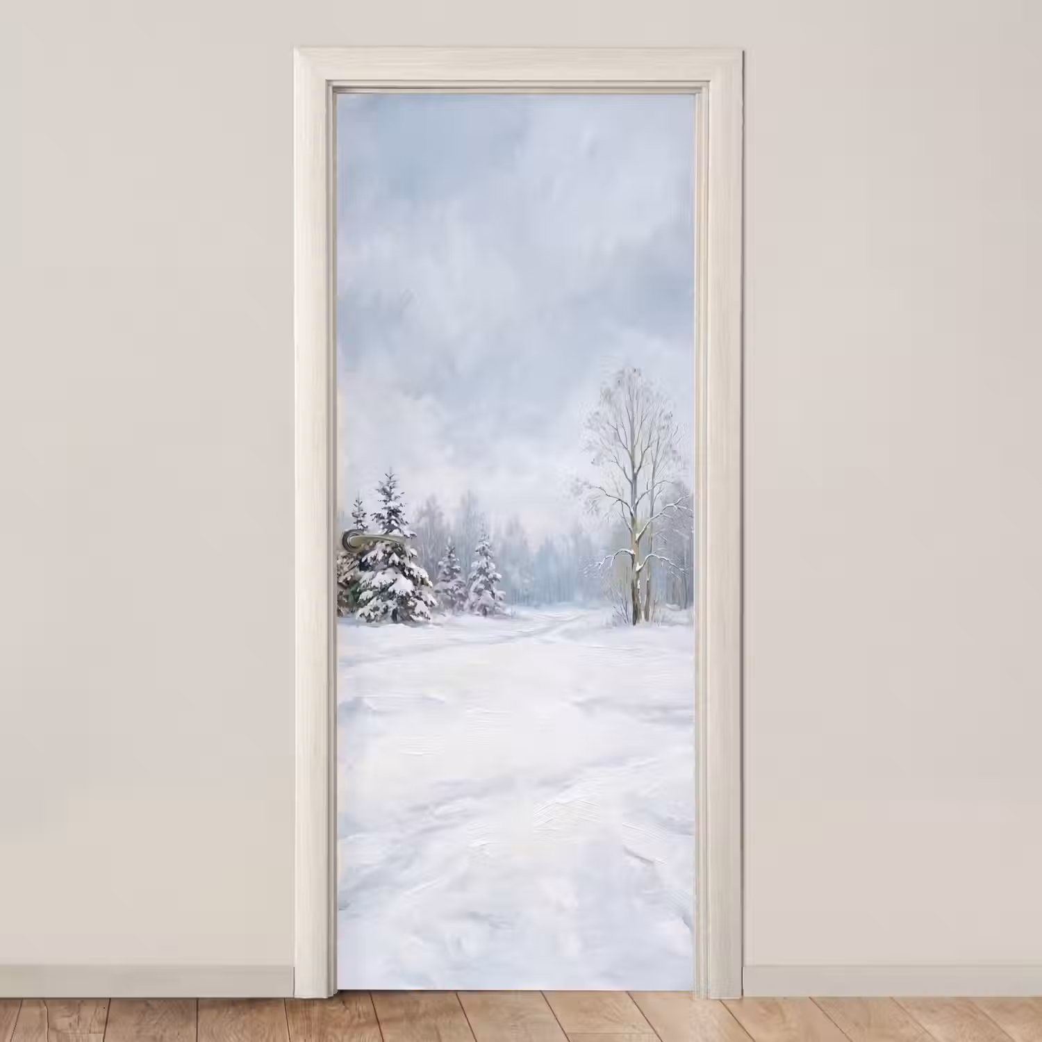 Bospad - Dennen - Sneeuw - Winter - Rustgevend deurposter klein -3d_beige