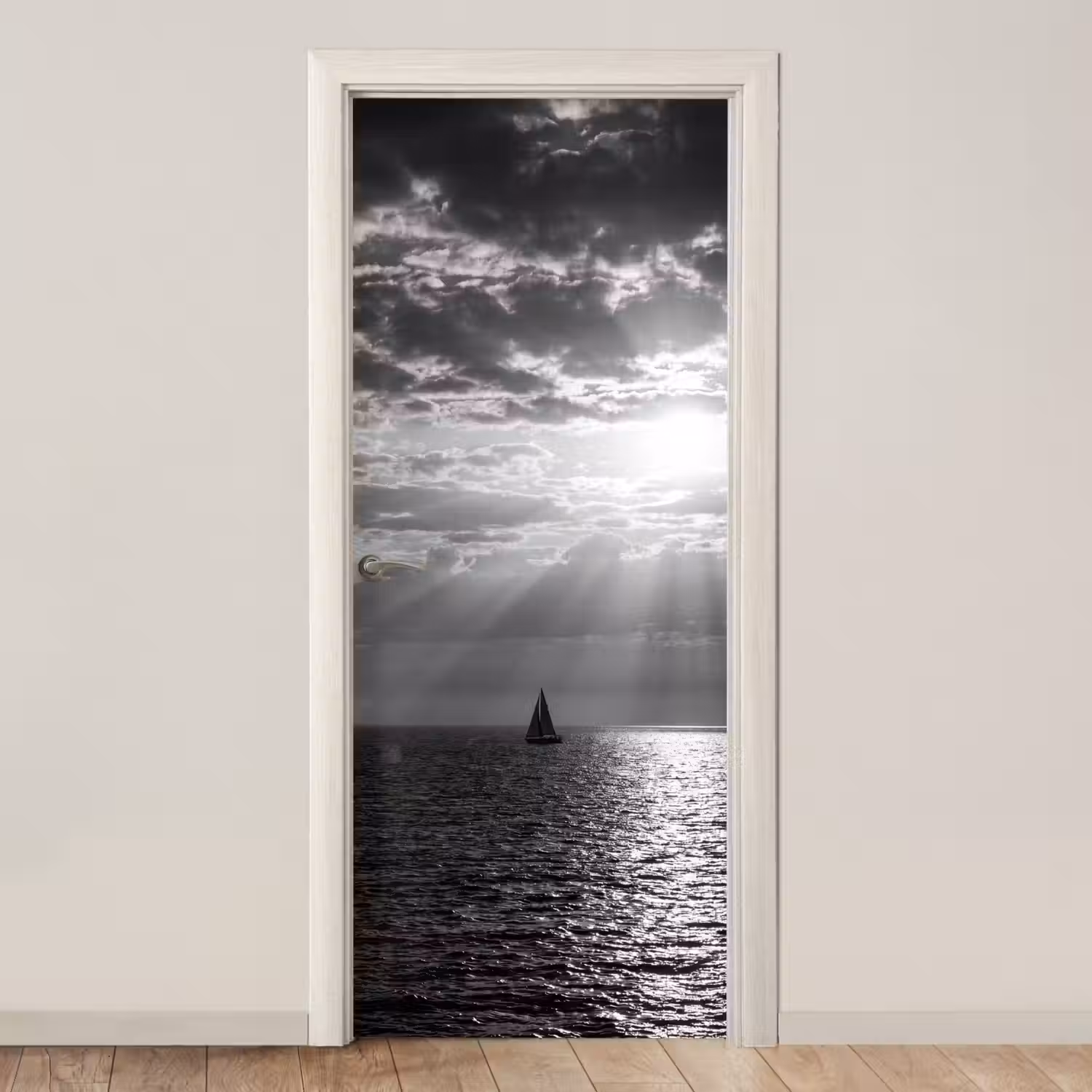 Water - Boot - Lucht - Natuur - Zwart-wit deurposter klein -3d_beige