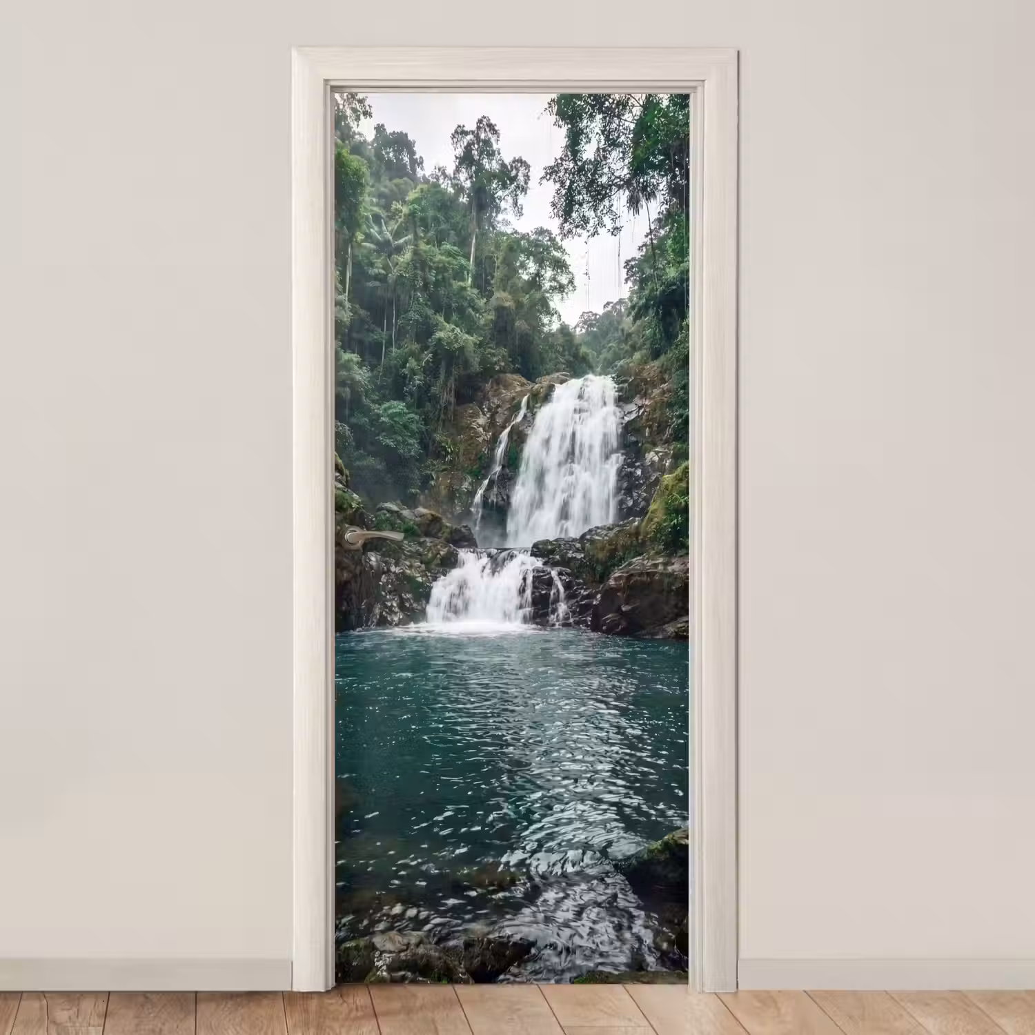 Waterfall - Forest - Nature - Greenkhgyguyg deurposter klein -3d_beige