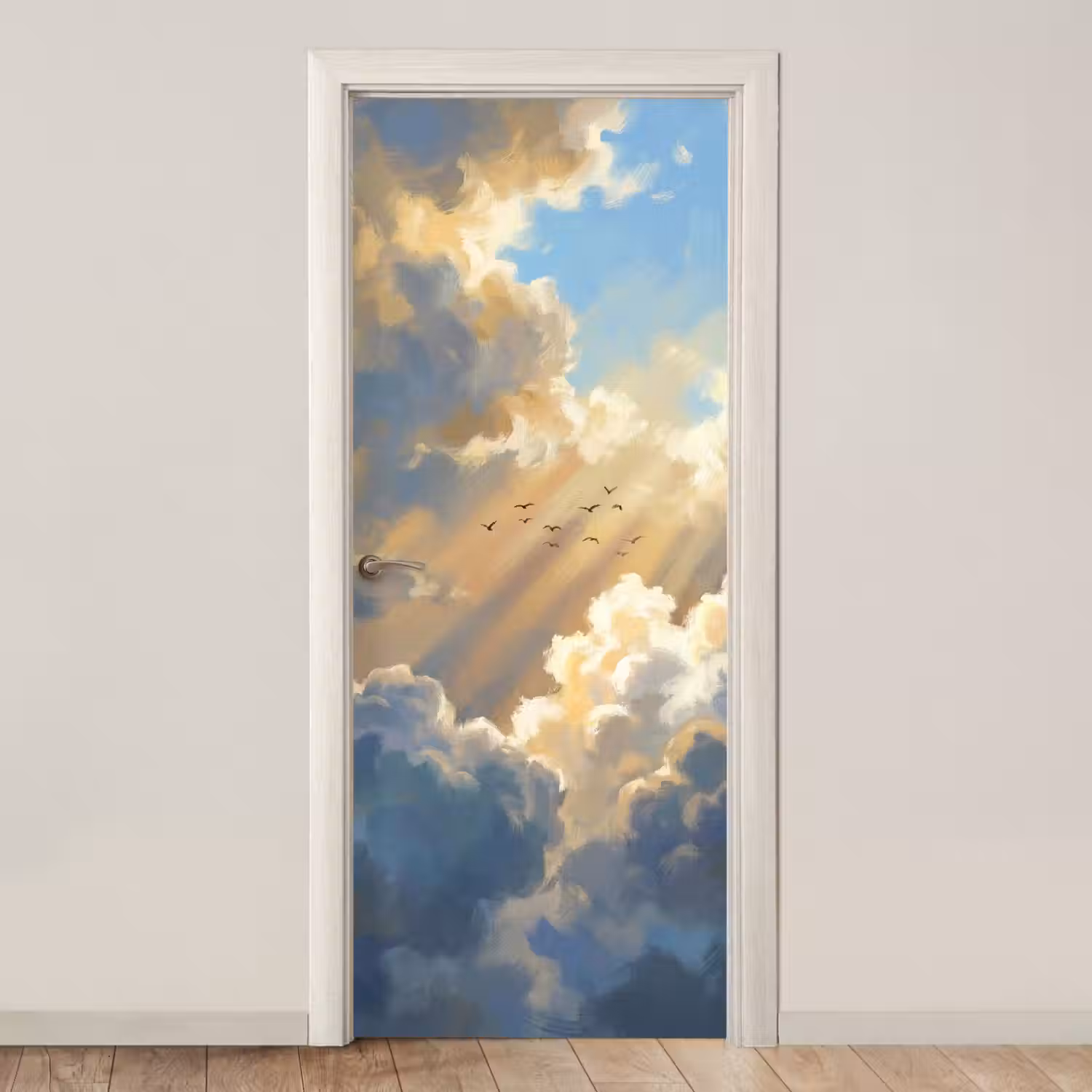 Wolken - Zonnestralen - Natuur - Abstract - Blauw deurposter klein -3d_beige