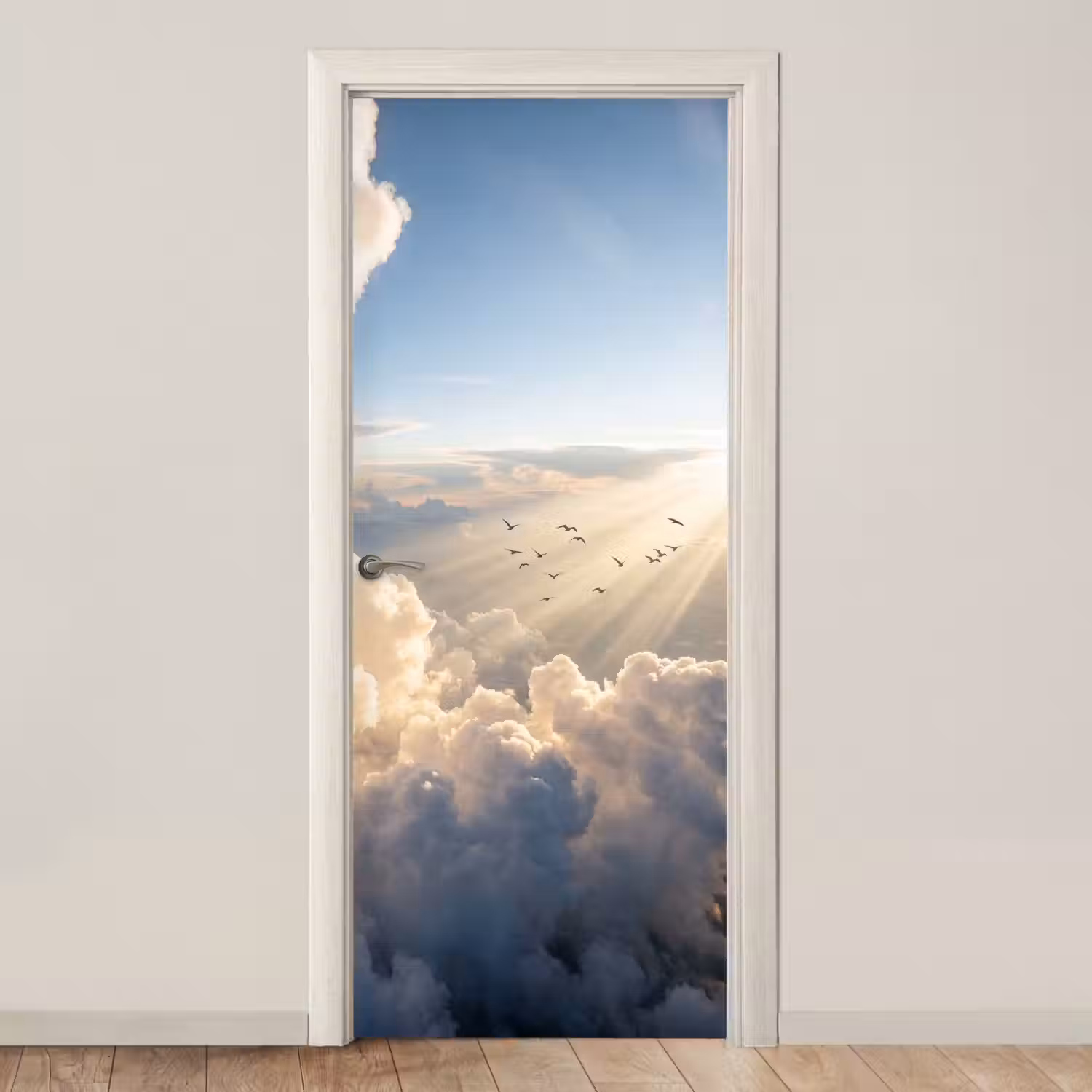 Wolken - Zonnestralen - Natuur - Wit deurposter klein -3d_beige