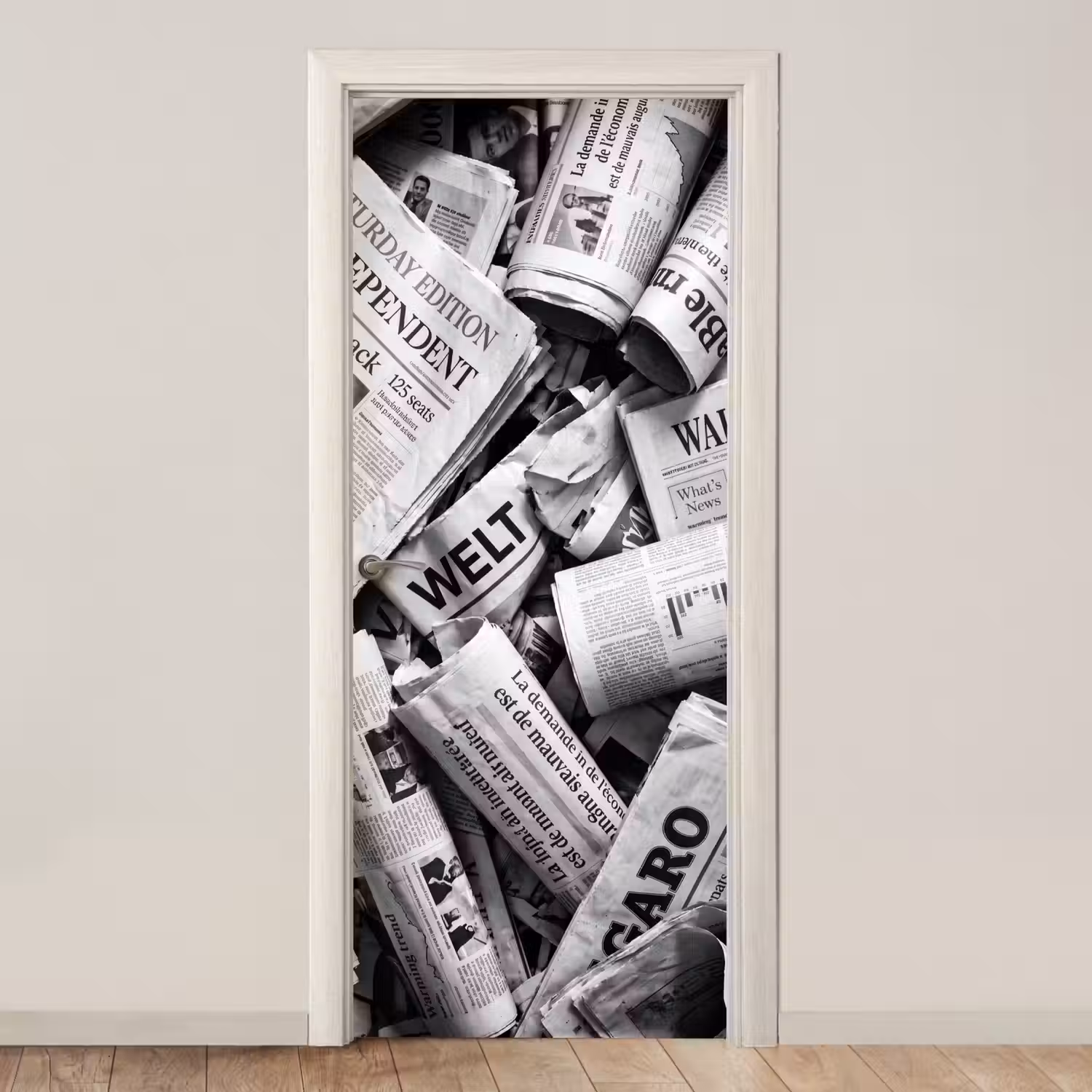 Krant - Stapel - Nieuws - Zwart-wit deurposter klein -3d_beige