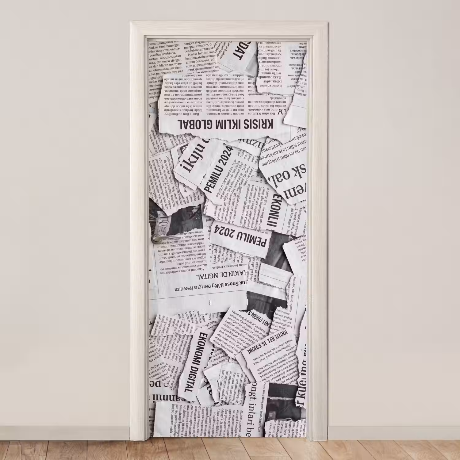 Krant - Versnipperd - Textuur - Zwart-wit - Abstract deurposter klein -3d_beige