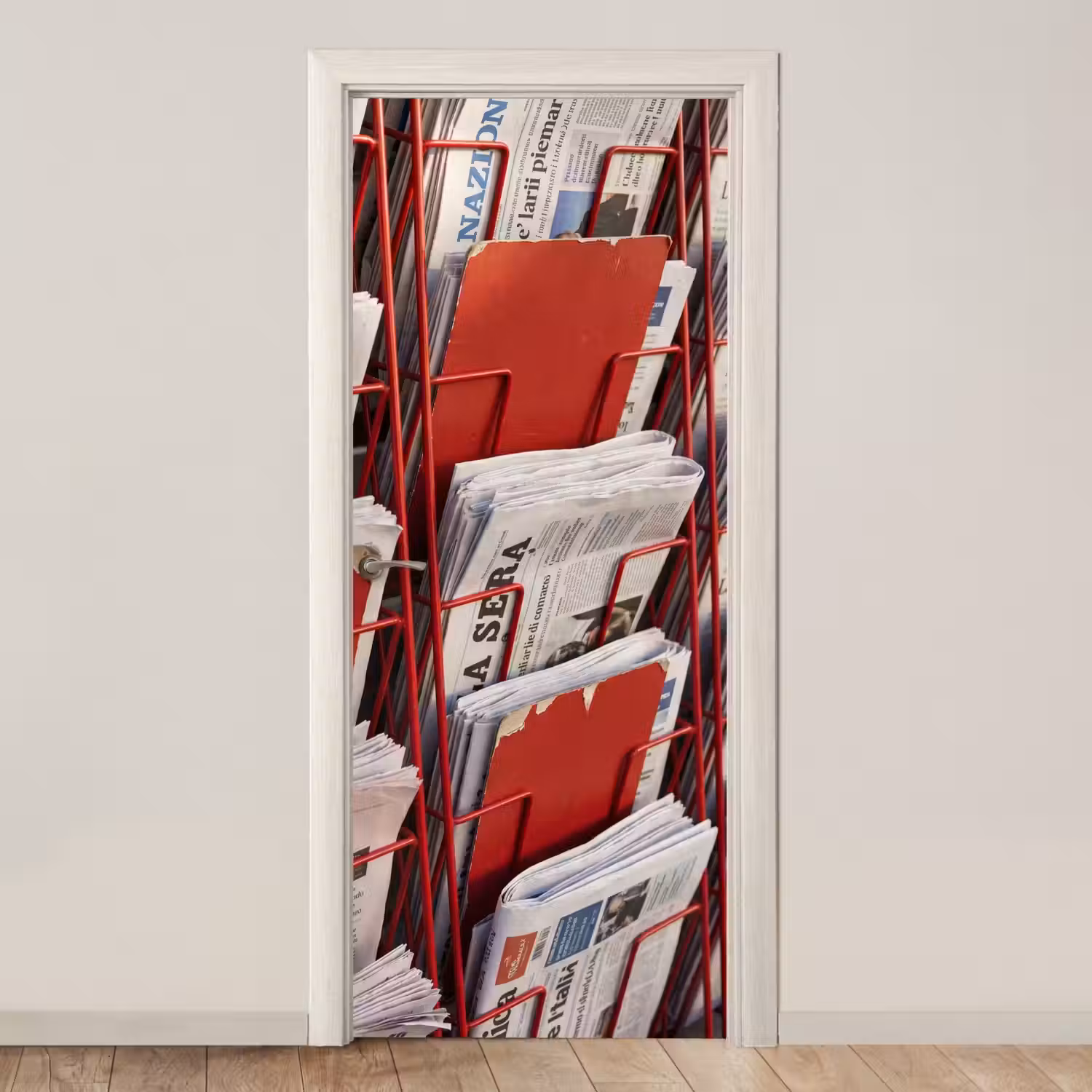 Kranten - Rek - Stedelijk - Dagelijks leven - Rood deurposter klein -3d_beige