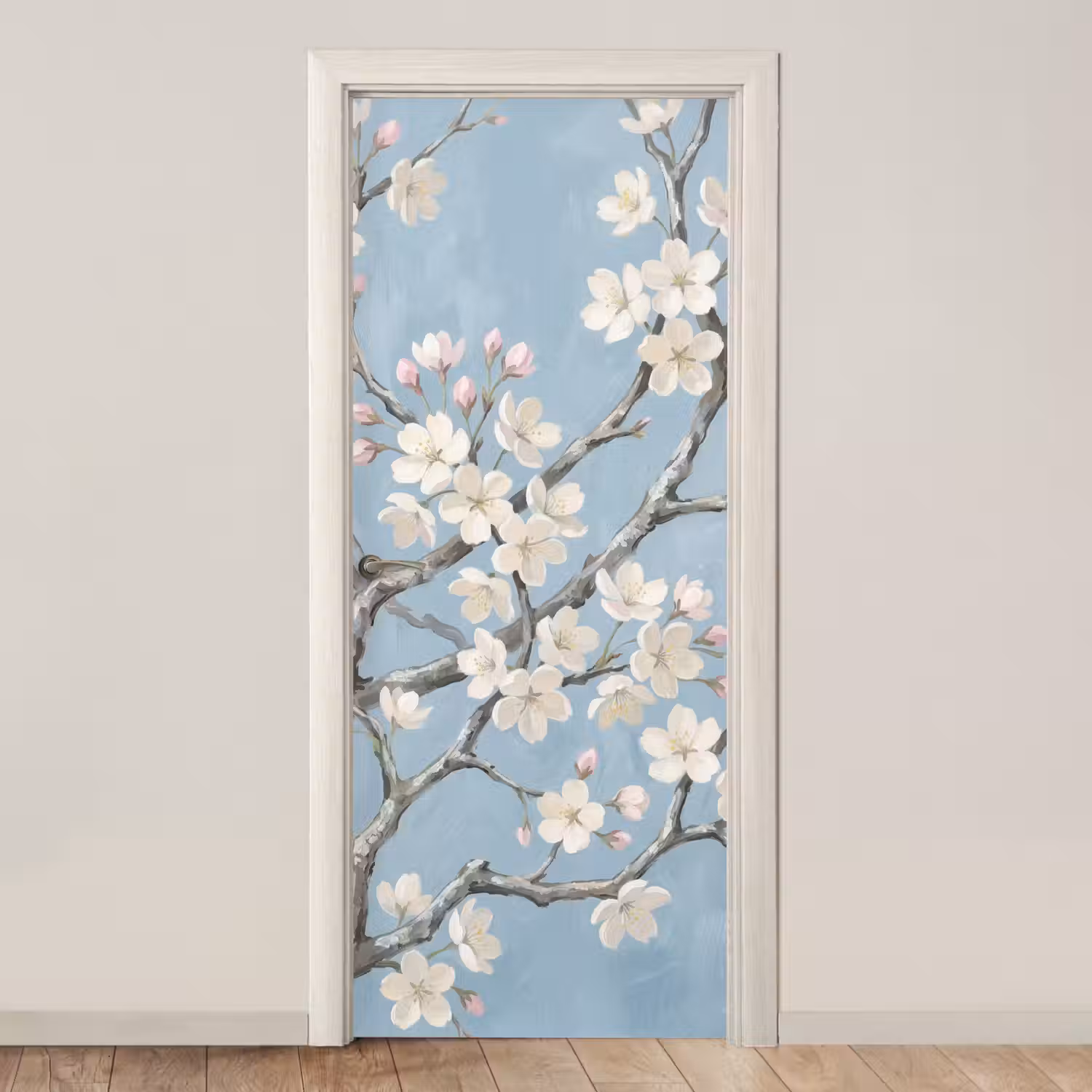 Takken - Kersenbloesem - Blauw deurposter klein -3d_beige
