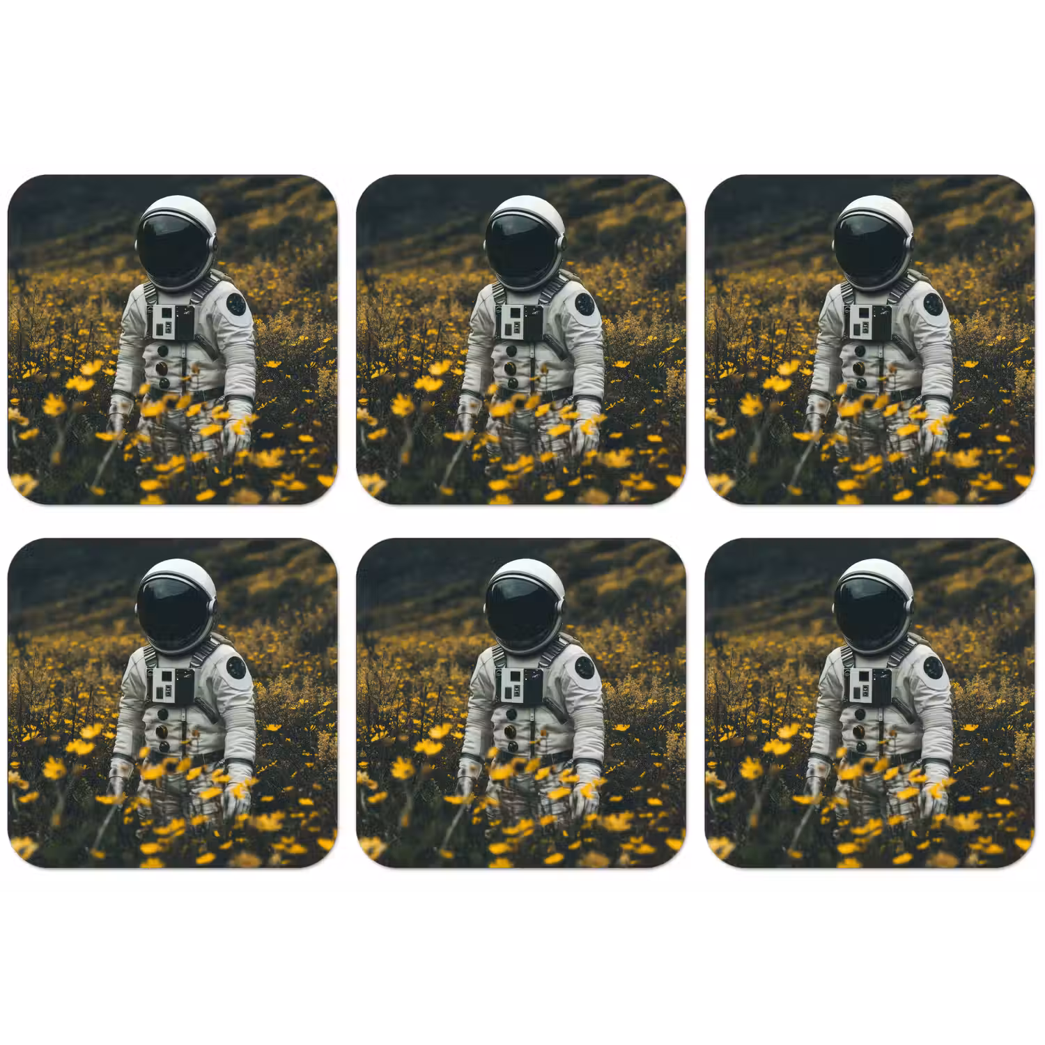 Astronaut - Bloemen - Veld - Geel onderzetter kurk middel -zkaufland3dotto
