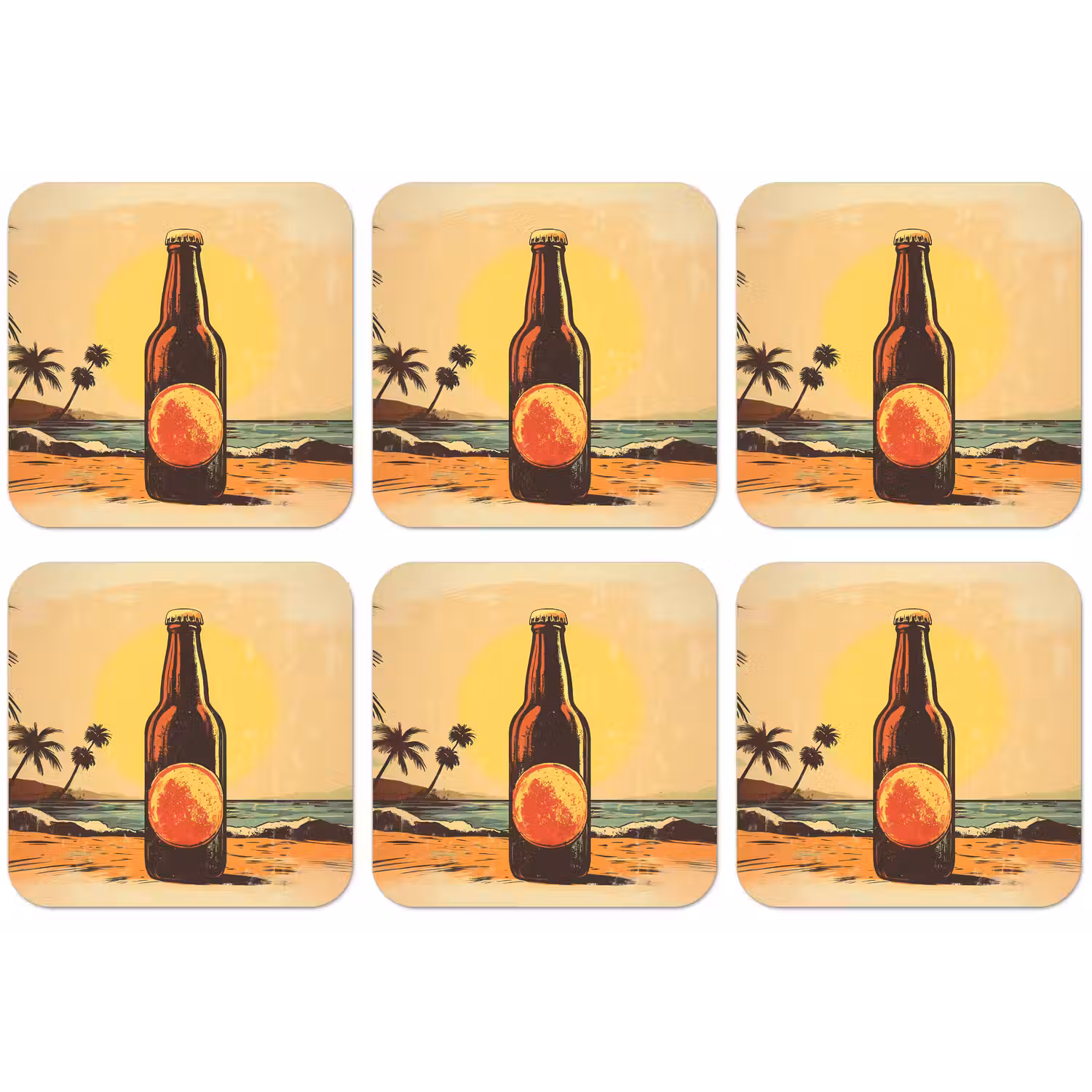 Bierfles - Zonsondergang - Palmbomen - Zee onderzetter kurk middel -zkaufland3dotto
