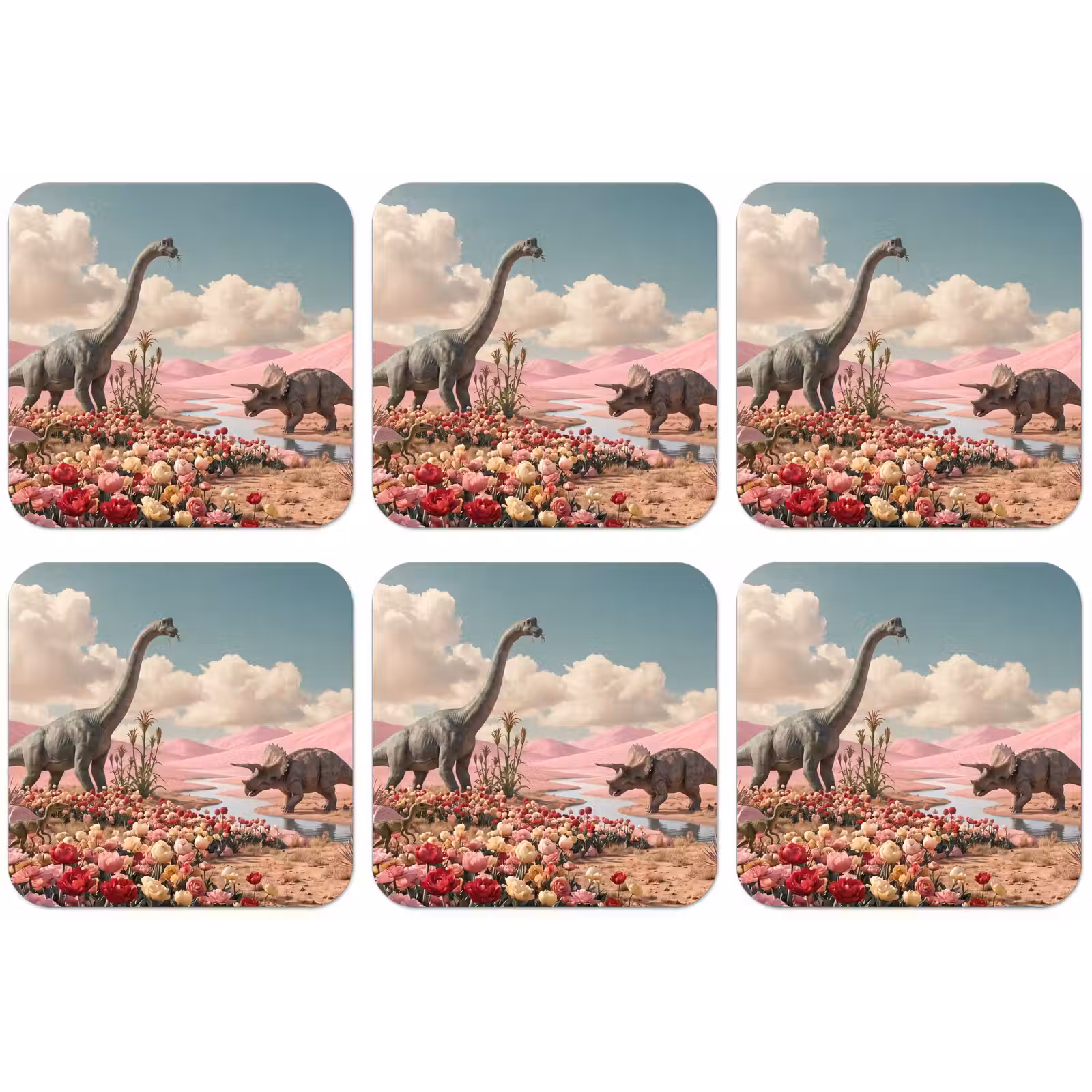 Untersetzer - Dinosaurier – Rosa – Landschaft - Dinosaurus - Roze - Landschap onderzetter kurk middel
