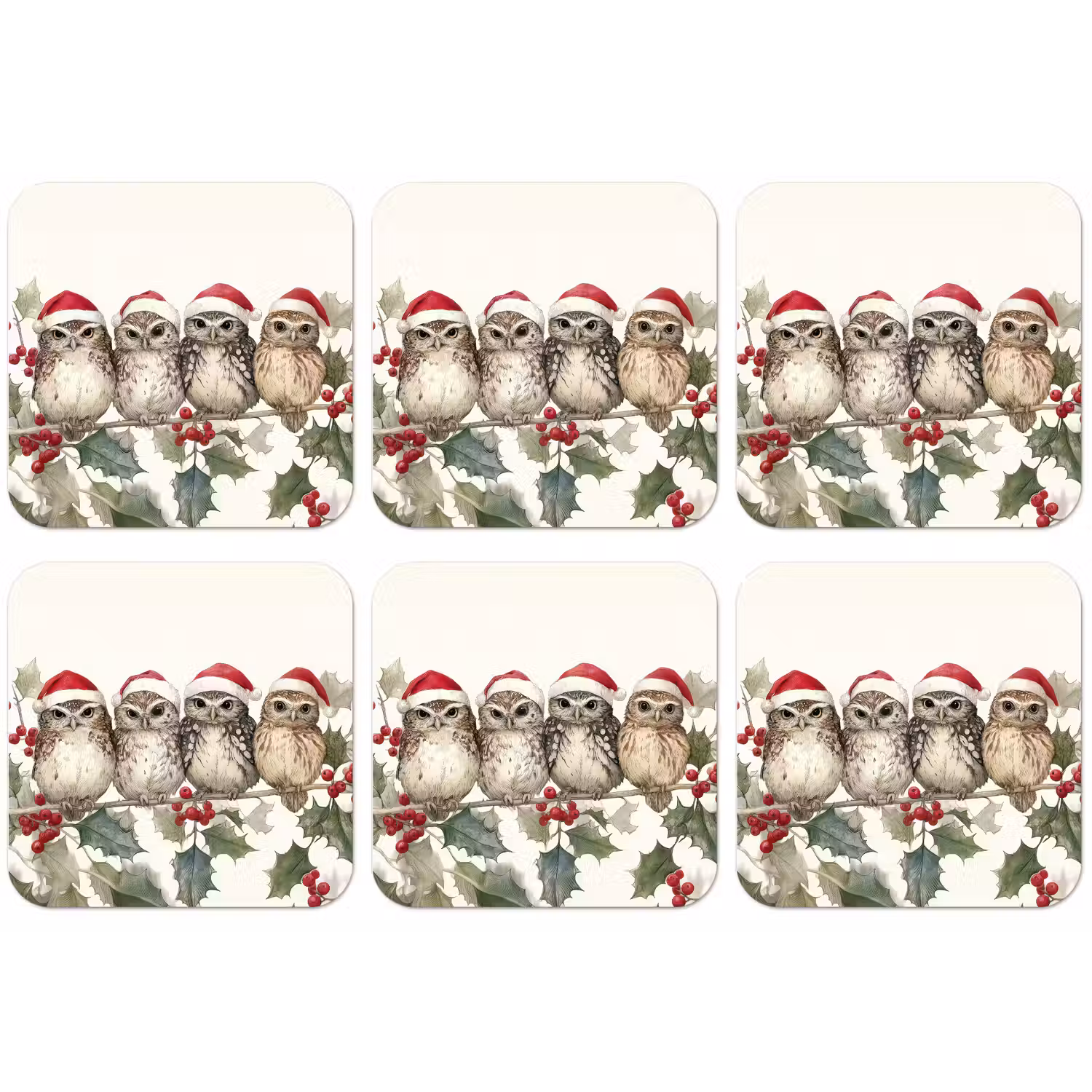 Uilen - Tak - Hulstblaadjes - Kerstmuts onderzetter kurk middel -zkaufland3dotto