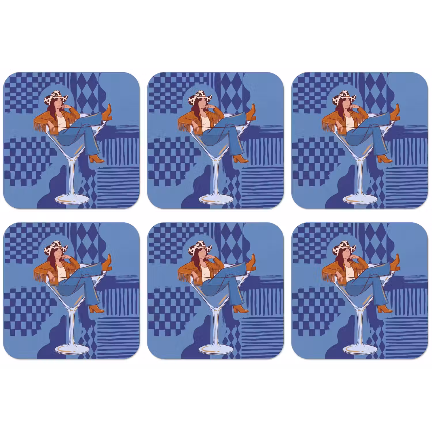 Vrouw - Martini glas - Abstract - Blauw - Kunst onderzetter kurk middel -zkaufland3dotto