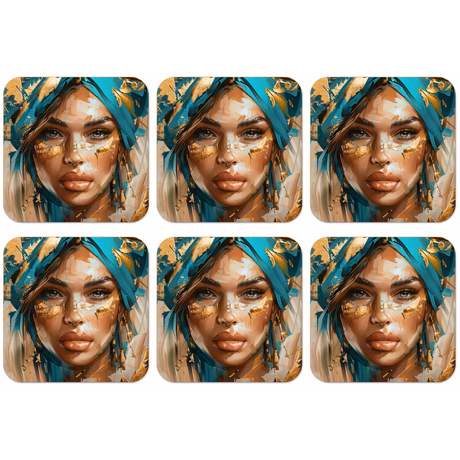 Vrouw - Portret - Goud - Luxe - Blauw onderzetter kurk middel -zkaufland3dotto