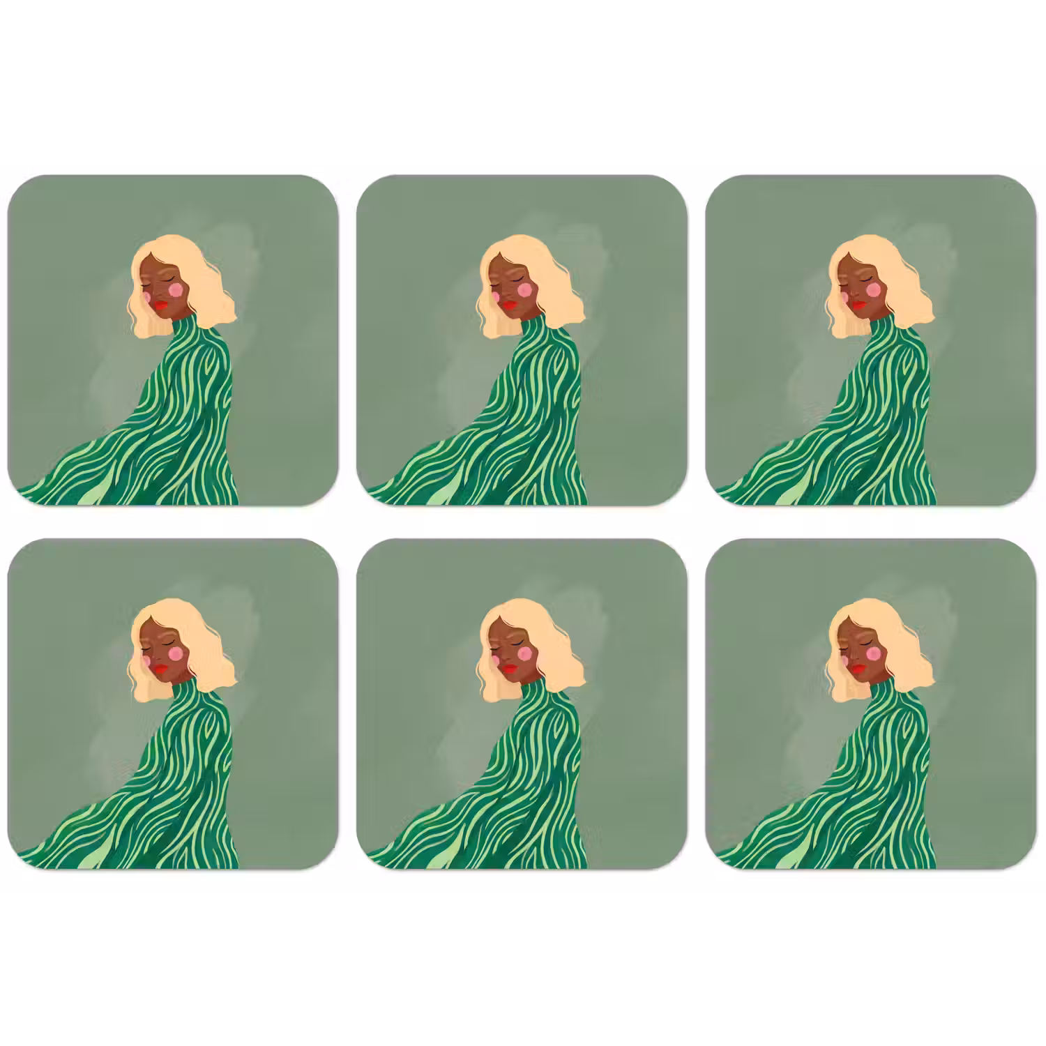 Vrouw - Portret - Illustratie - Modern - Groen onderzetter kurk middel -zkaufland3dotto
