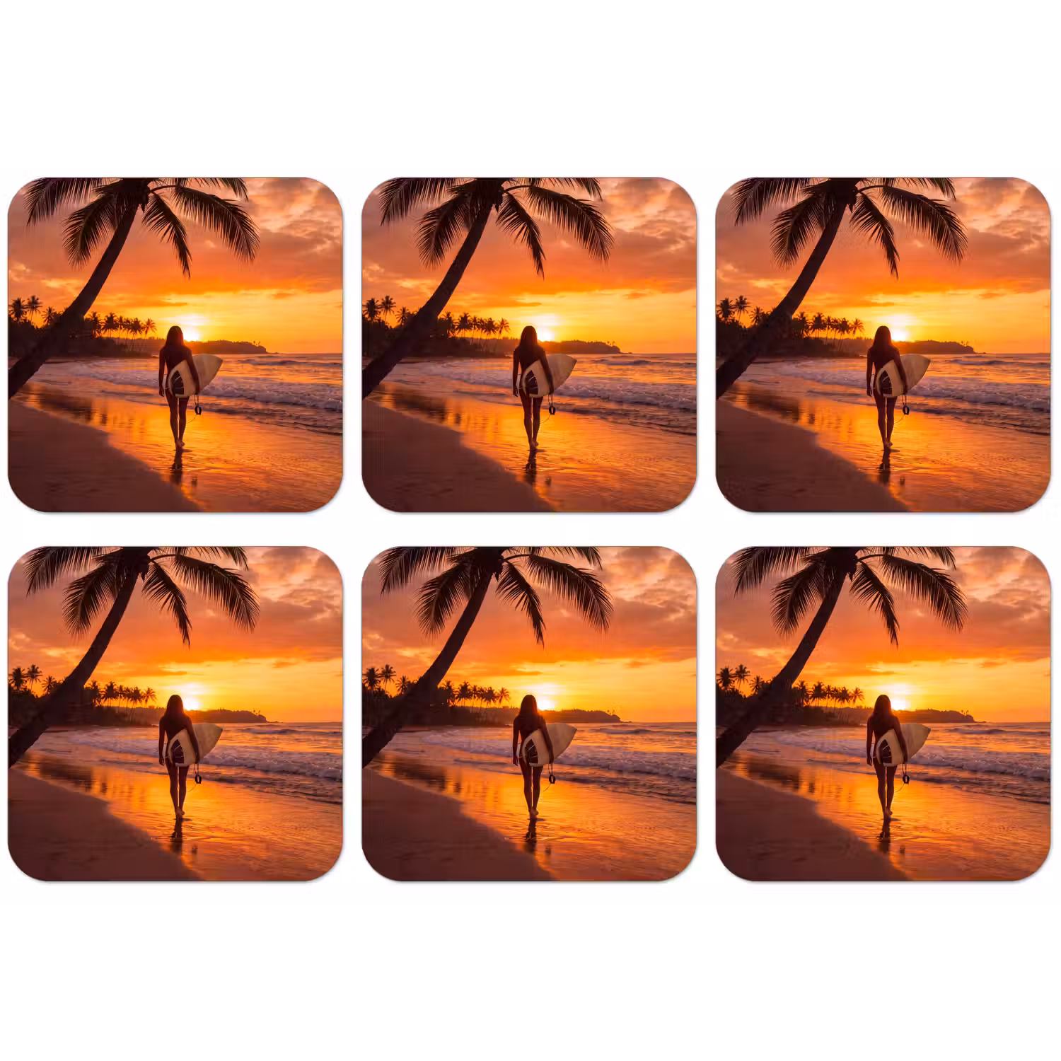 Vrouw - Surfplank - Strand - Zonsondergang - Oranje onderzetter kurk middel -zkaufland3dotto