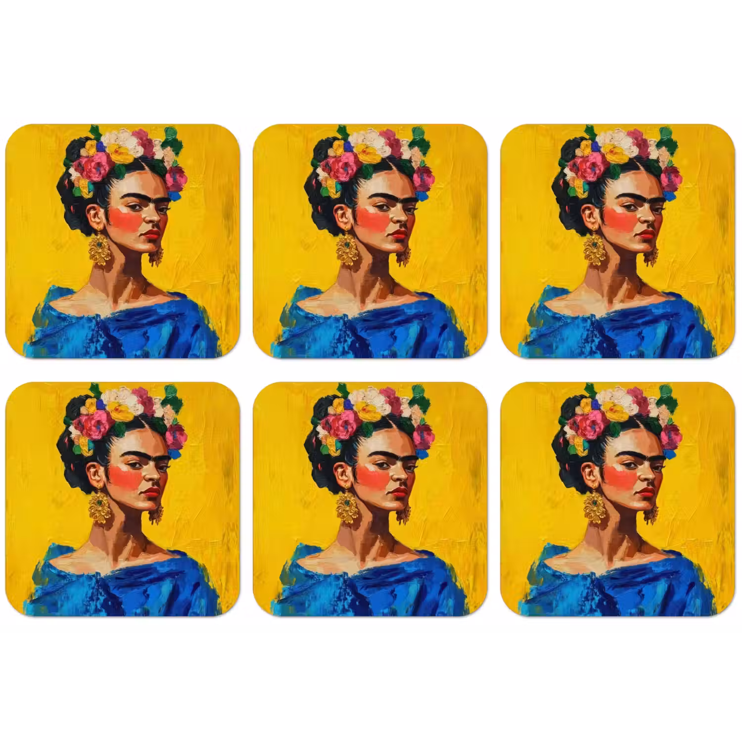 Frida Kahlo - Vrouw - Geel - Blauw - Bloemen onderzetter kurk middel -zkaufland3dotto