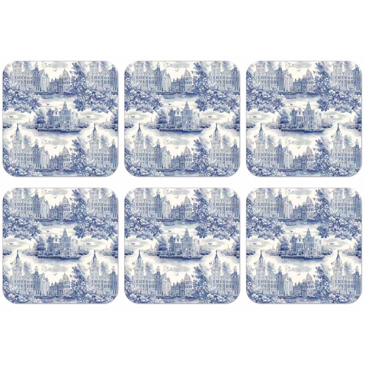 Huizen - Bomen - Water - Vogels - Blauw onderzetter kurk middel 366 -zkaufland3dotto