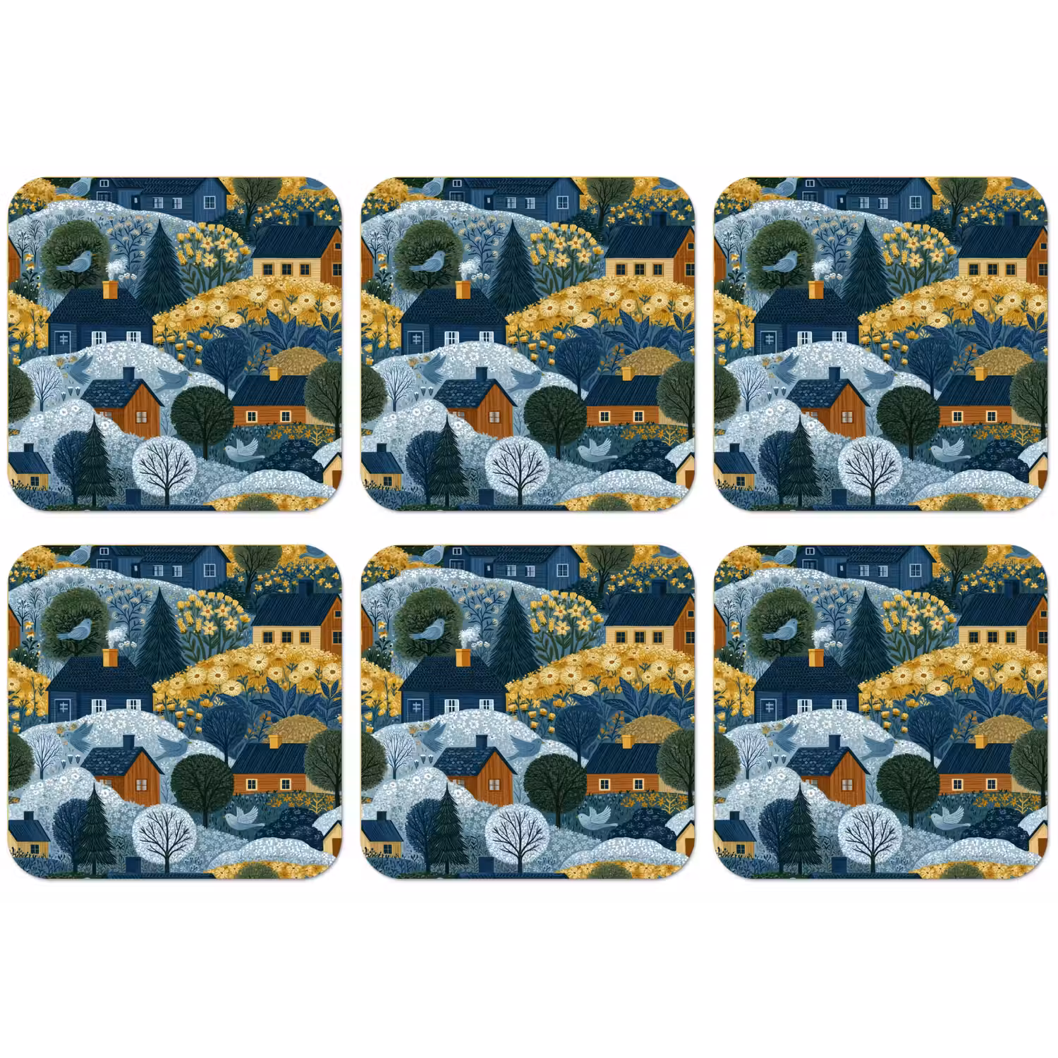 Huisjes - Bloemen - Patroon - Geel - Blauw onderzetter kurk middel 366 -zkaufland3dotto