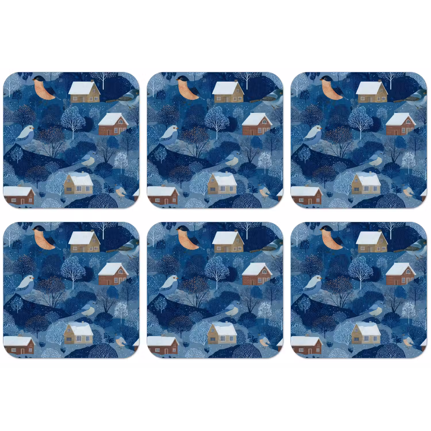 Huisjes - Vogels - Sneeuw - Winter - Blauw onderzetter kurk middel 366 -zkaufland3dotto