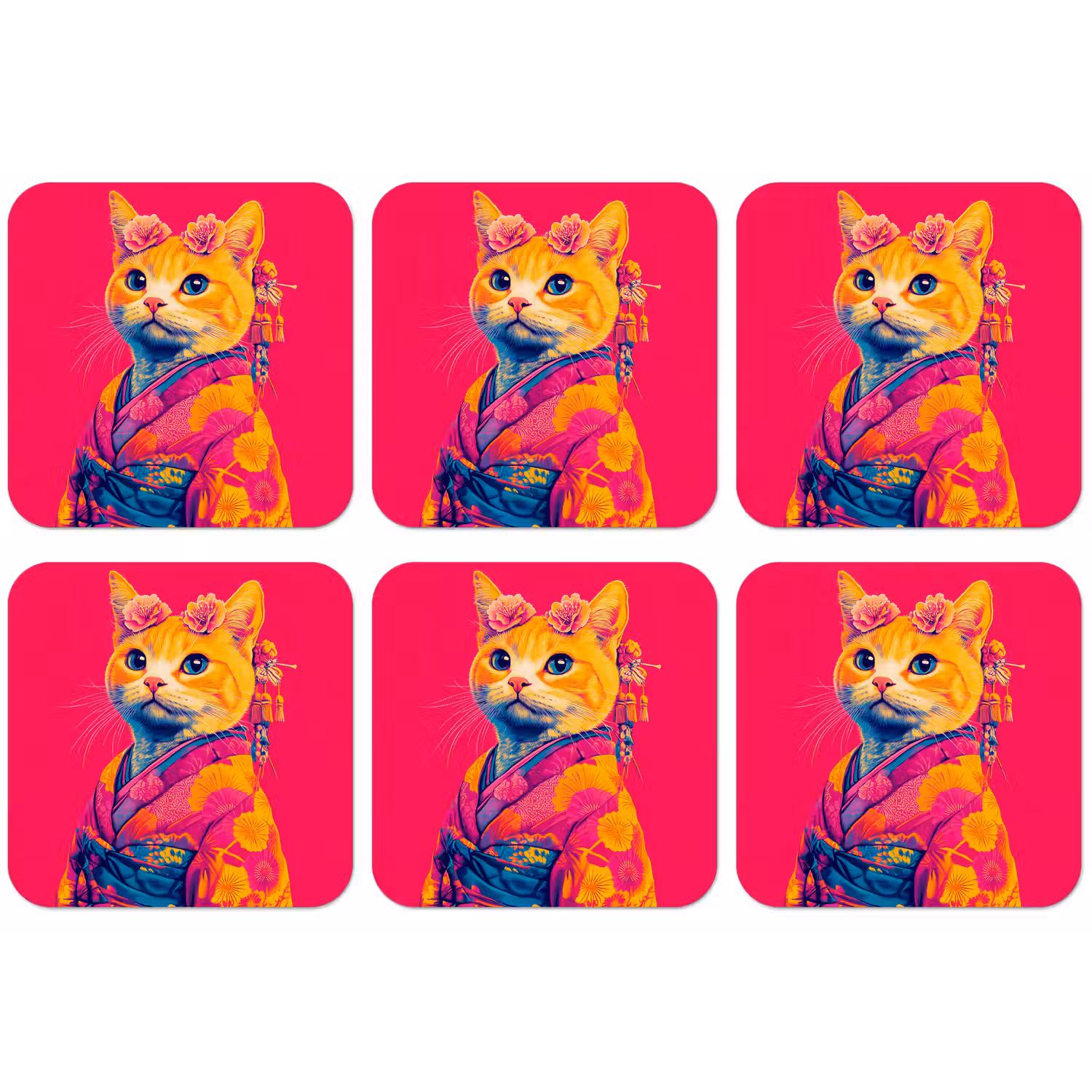 Kat - Kimono - Bloemen - Roze onderzetter kurk middel -zkaufland3dotto