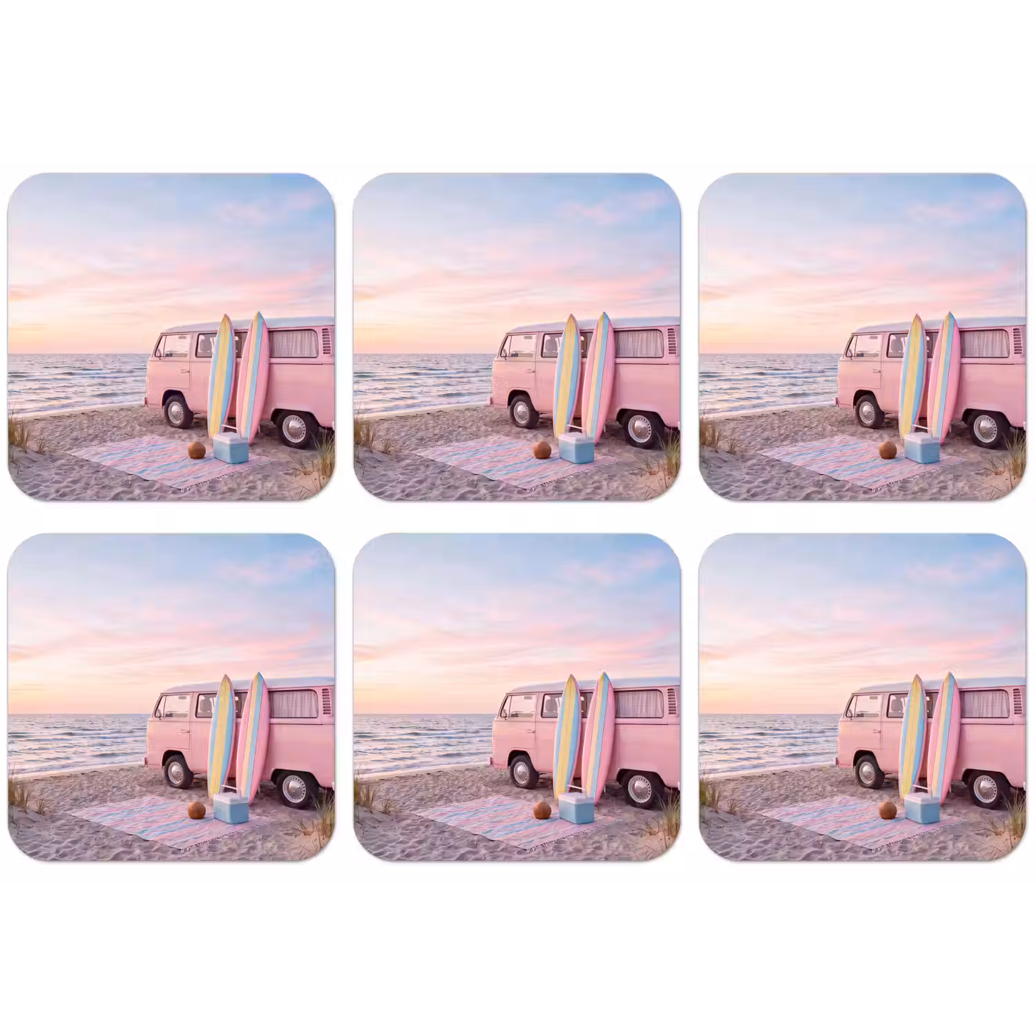 Busje - Strand - Surfplank - Zomer - Roze onderzetter kurk middel -zkaufland3dotto