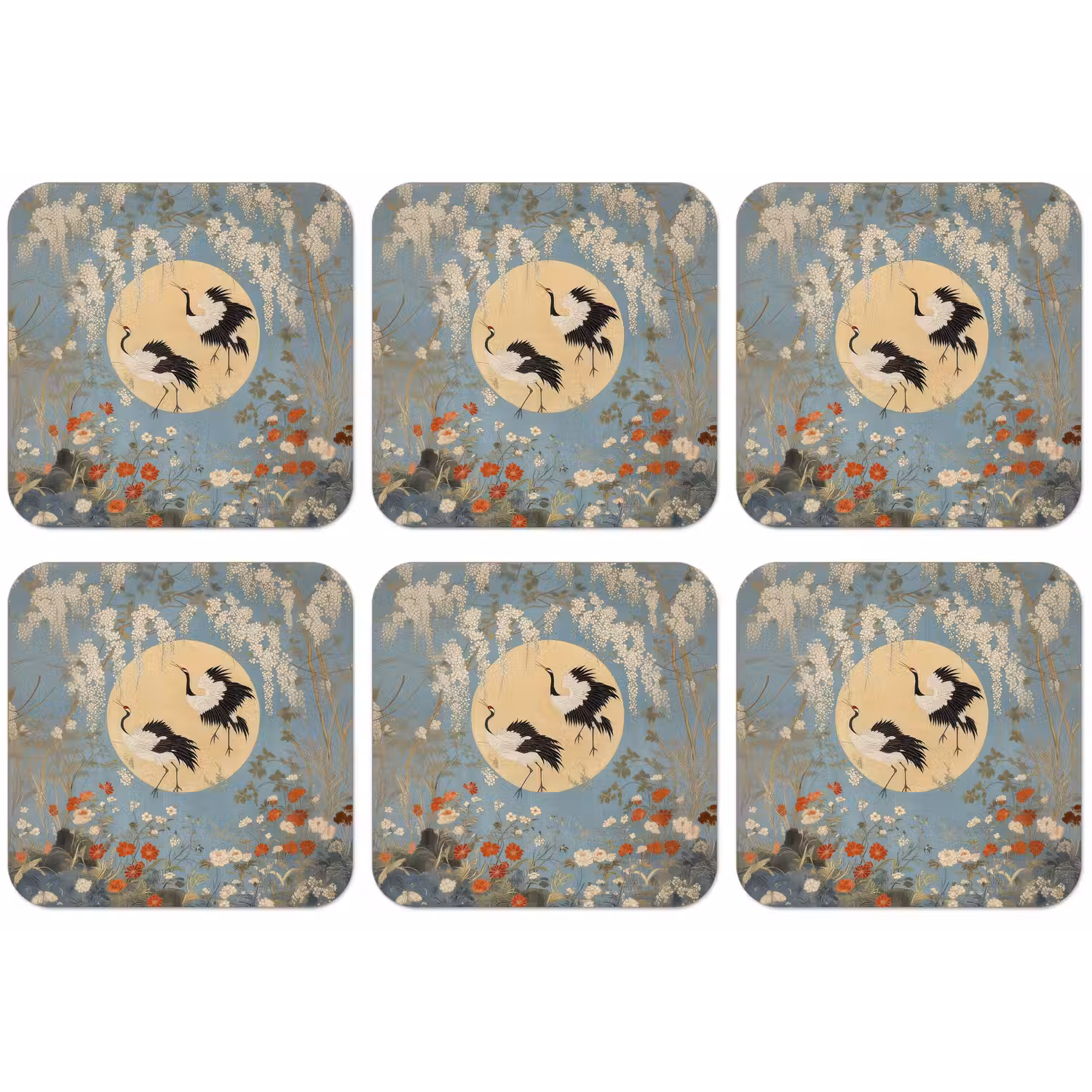 Kraanvogels - Maan - Bloemen - Blauw onderzetter kurk middel -zkaufland3dotto