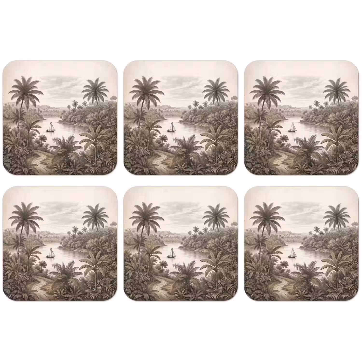 Landschap - Rivier - Boot - Tropisch - Vintage onderzetter kurk middel -zkaufland3dotto