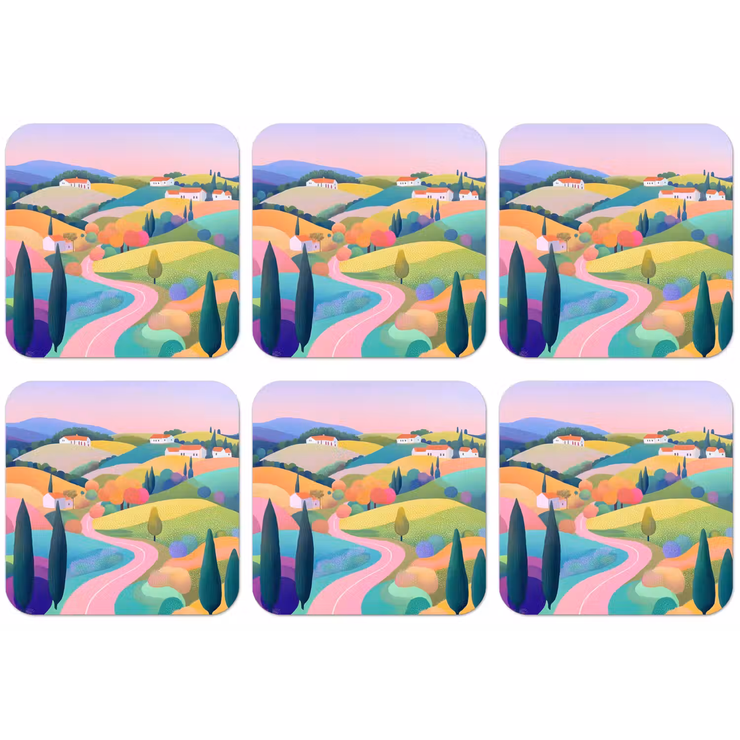 Landschap - Paars - Pastel - Huizen onderzetter kurk middel -zkaufland3dotto
