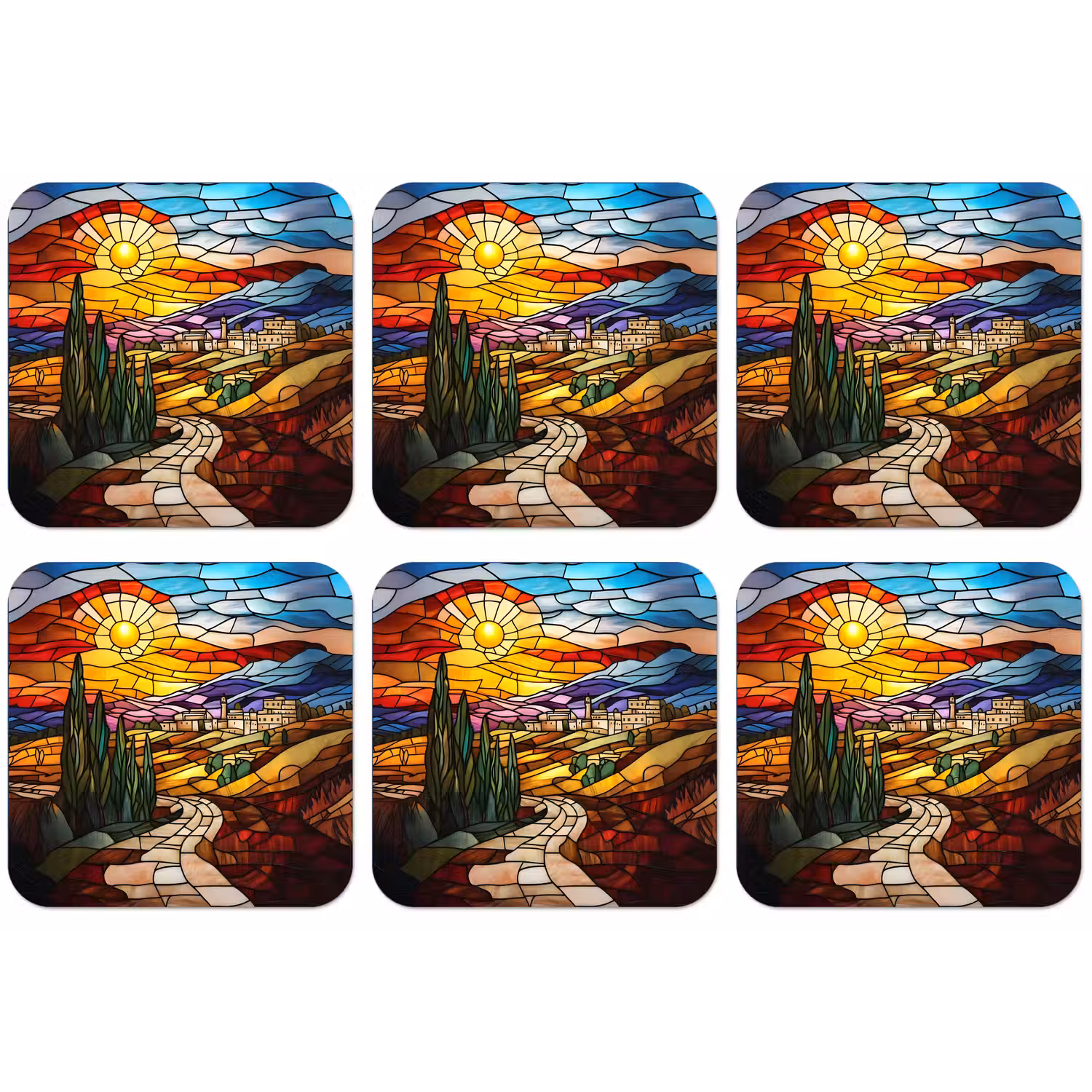 Mozaïek - Zon - Landschap - Dorp onderzetter kurk middel -zkaufland3dotto