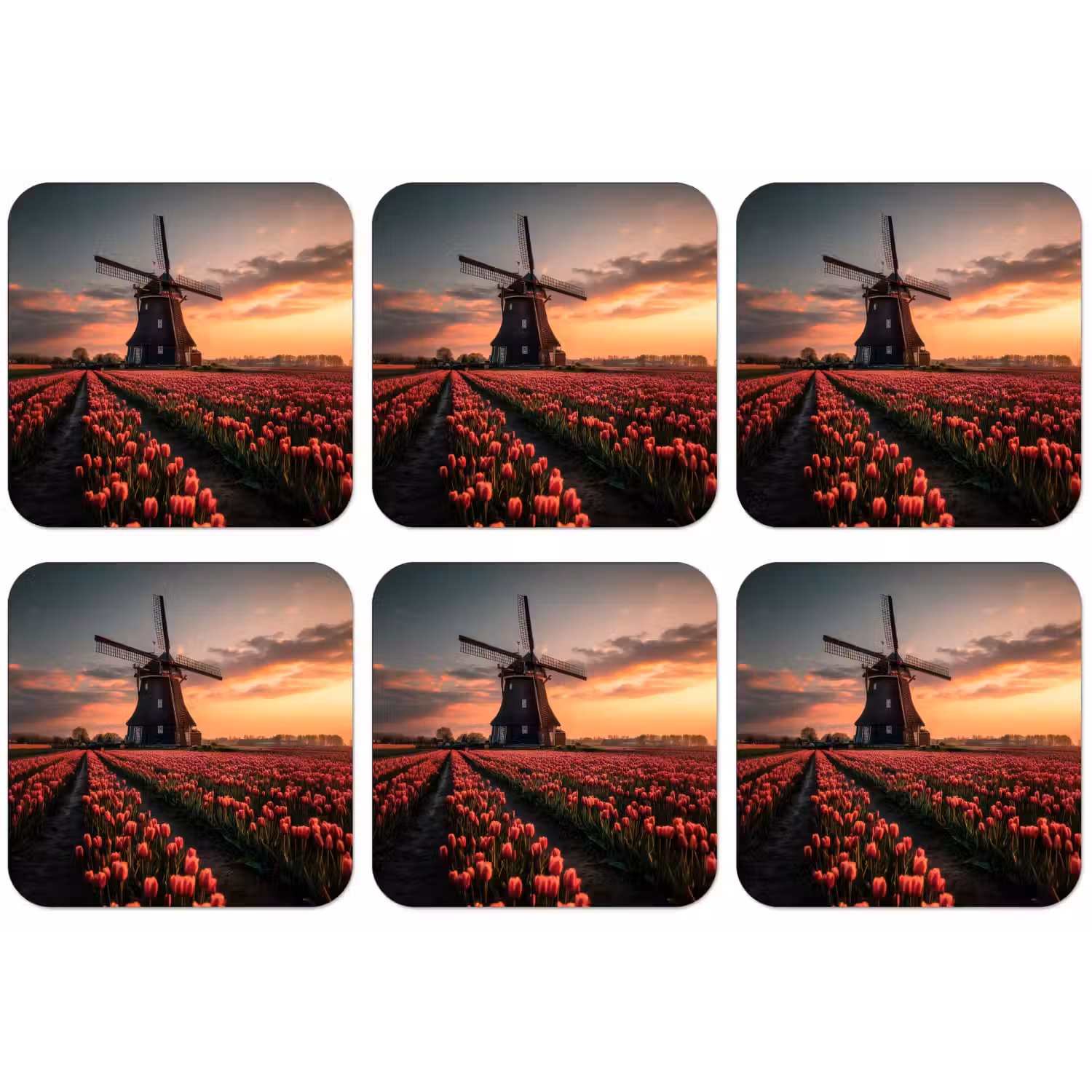 Molen - Zonsondergang - Tulpen - Rood onderzetter kurk middel -zkaufland3dotto