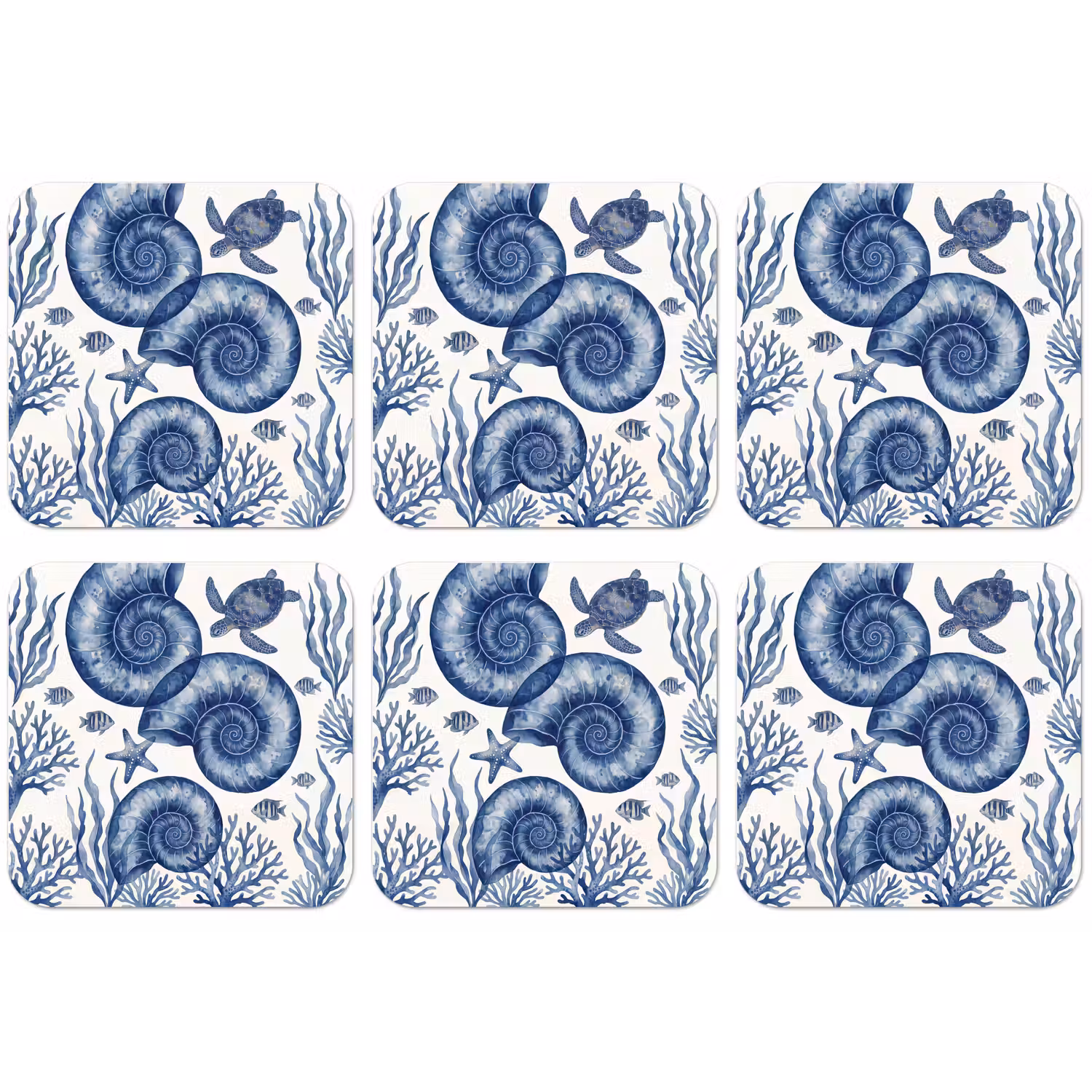 Schelp - Spiraal - Zeeleven - Aquarel - Blauw onderzetter kurk middel -zkaufland3dotto
