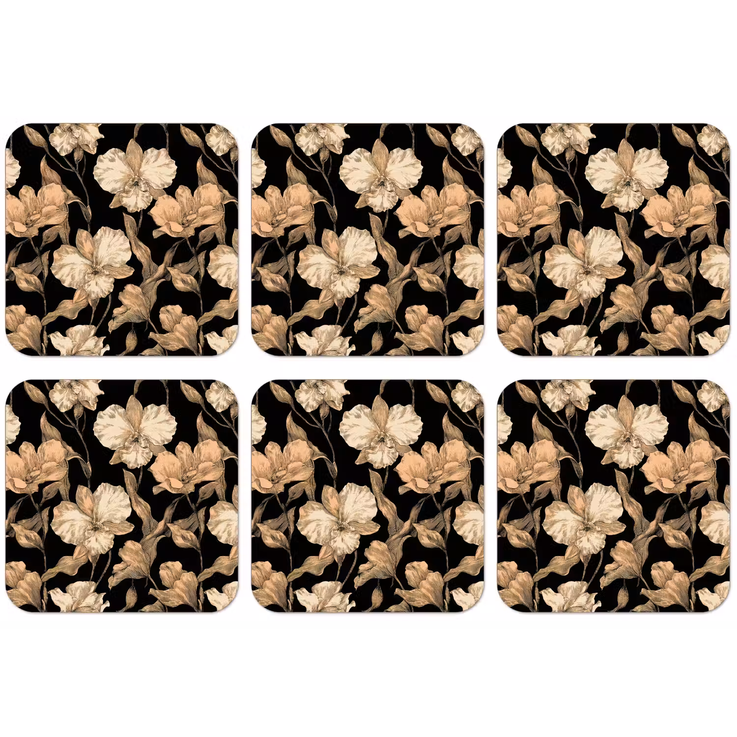 Orchideeën - Lijntekening - Patroon - Beige - Zwart onderzetter kurk middel 366 -zkaufland3dotto