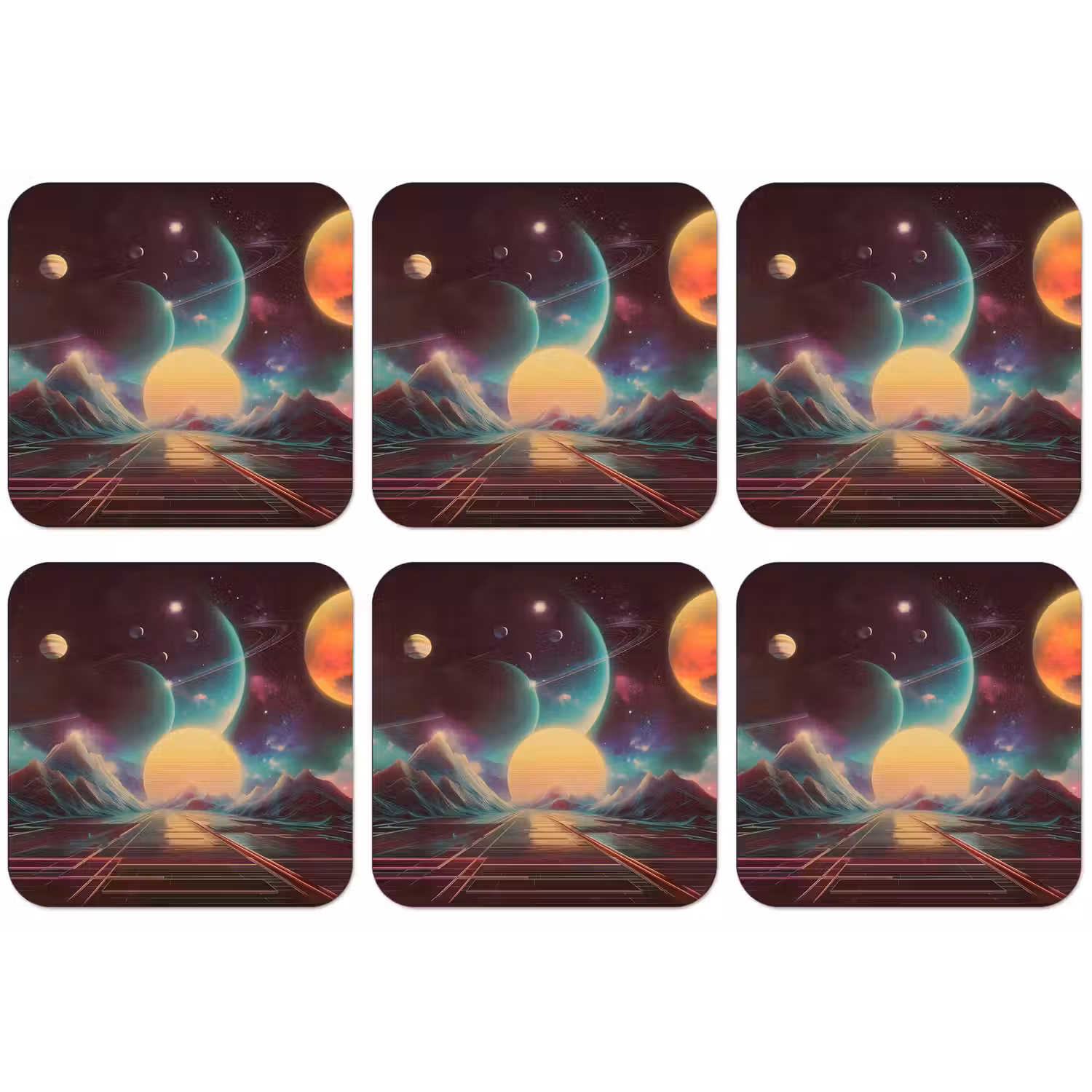 Planeten - Neon - Berglandschap - Zon onderzetter kurk middel -zkaufland3dotto