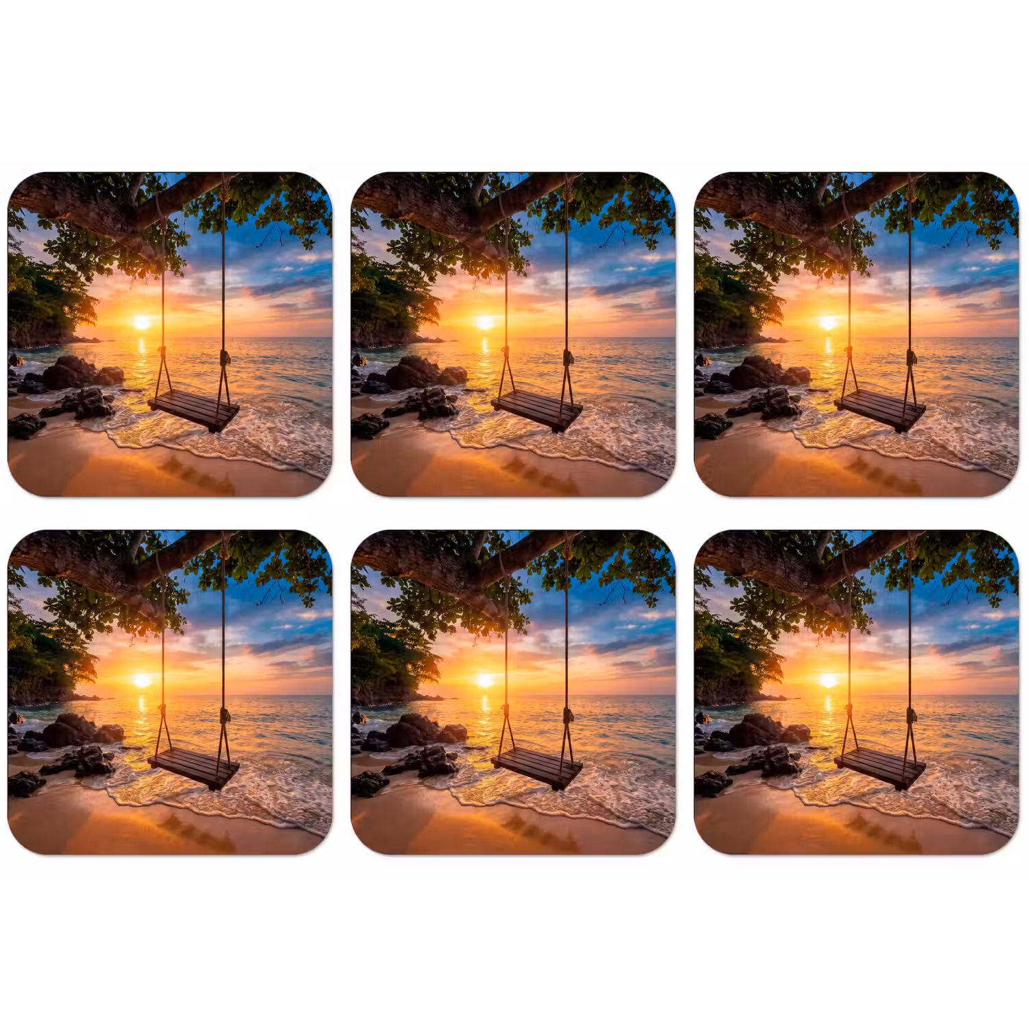Schommel - Strand - Zonsondergang - Natuur - Oranje onderzetter kurk middel -zkaufland3dotto
