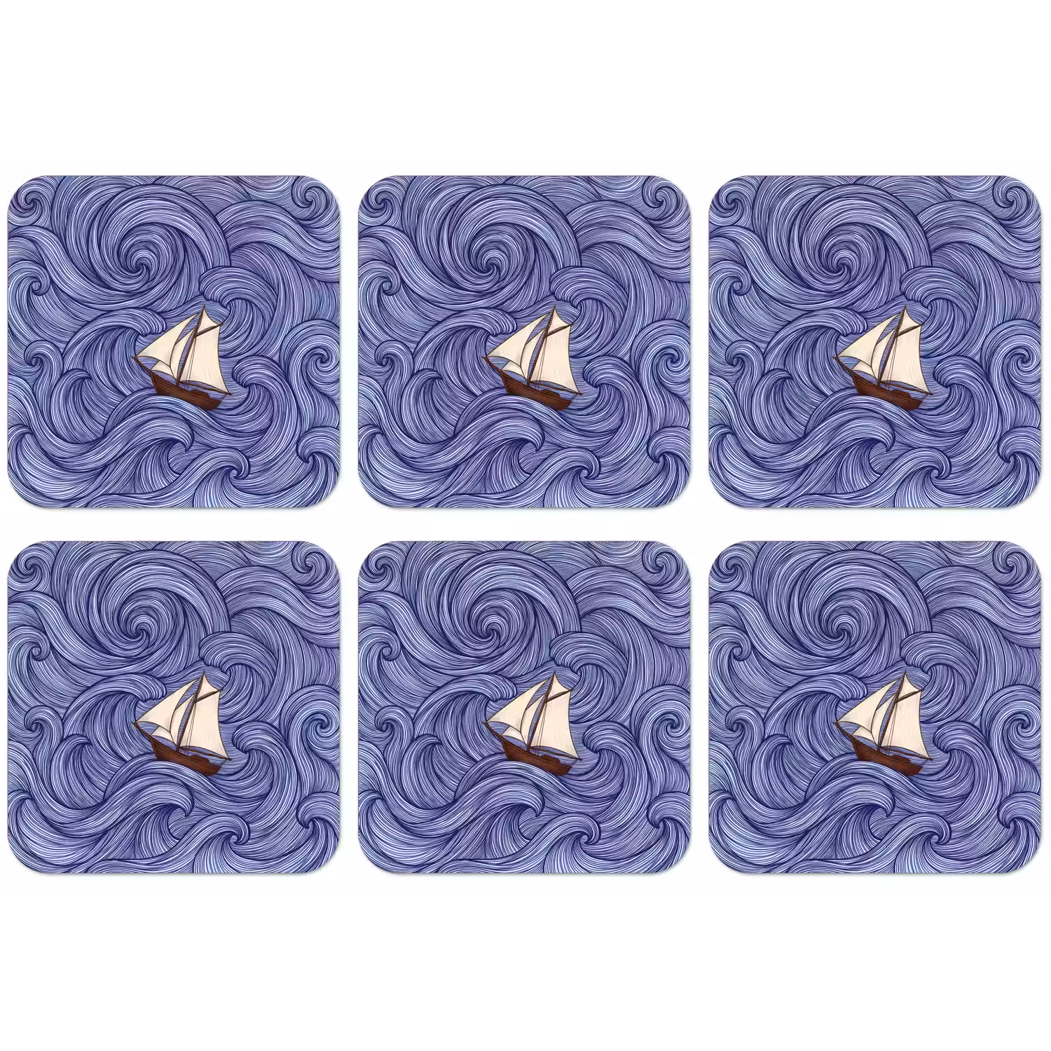 Schip - Golven - Zee - Illustratie - Blauw onderzetter kurk middel -zkaufland3dotto