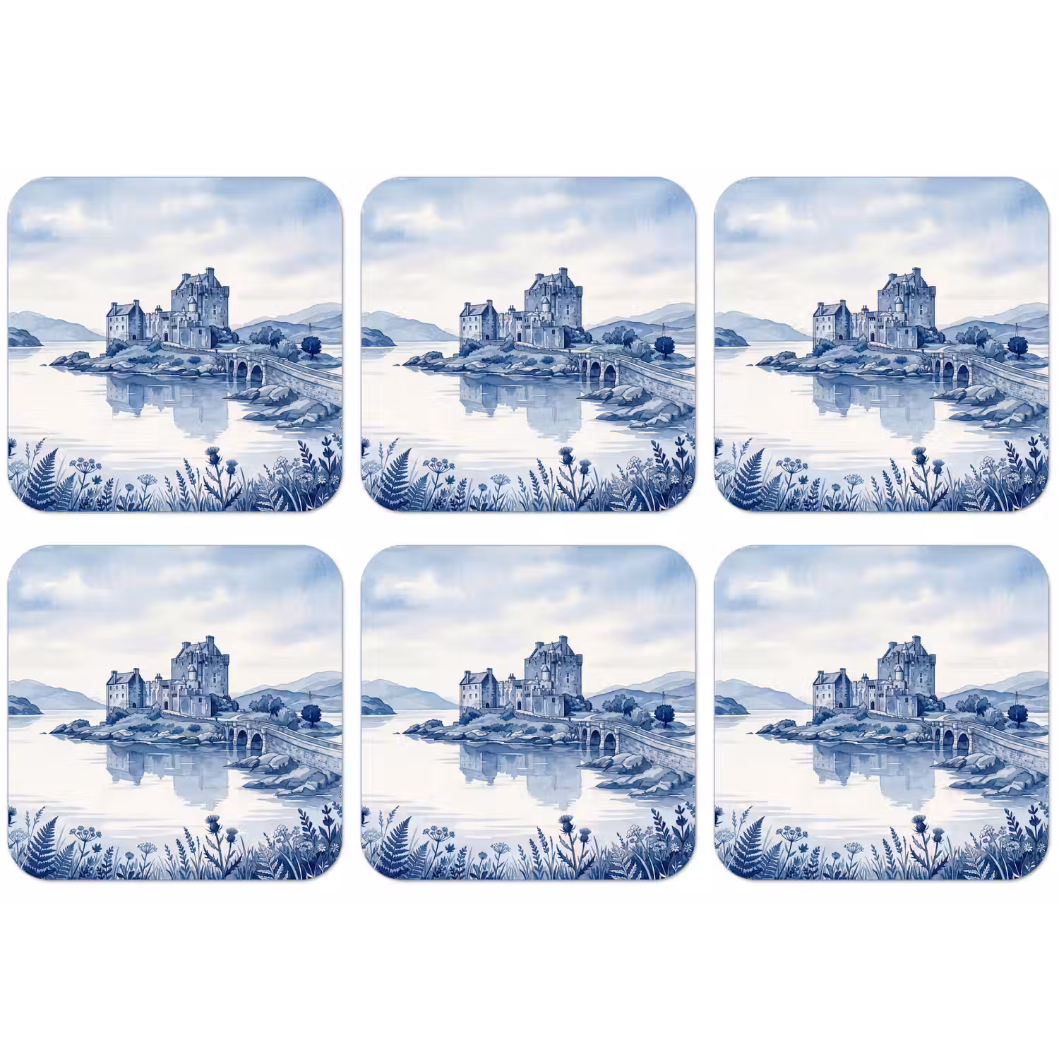 Schots - Kasteel - Blauw - Aquarel onderzetter kurk middel -zkaufland3dotto