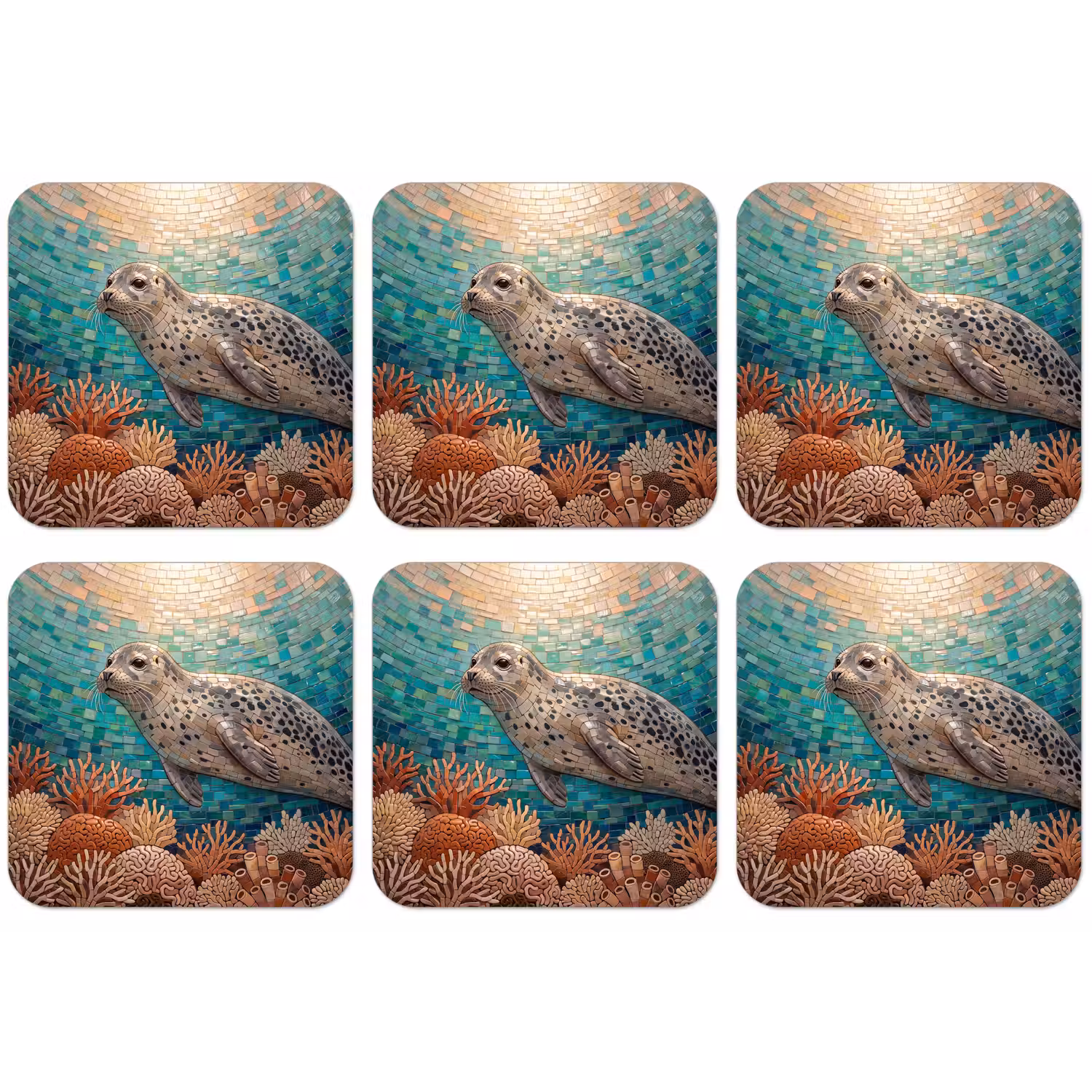 Zeehond - Mozaïek - Onderwater - Dieren - Blauw onderzetter kurk middel -zkaufland3dotto