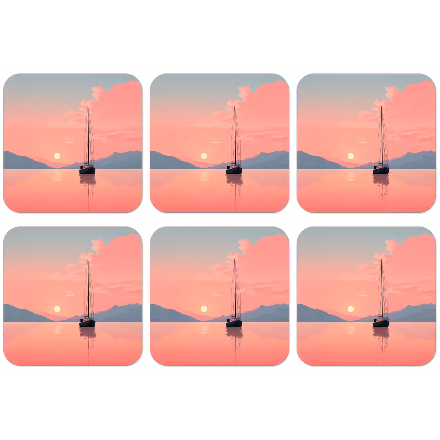 Zeilboot - Roze zee - Zonsondergang - Bergen onderzetter kurk middel -zkaufland3dotto