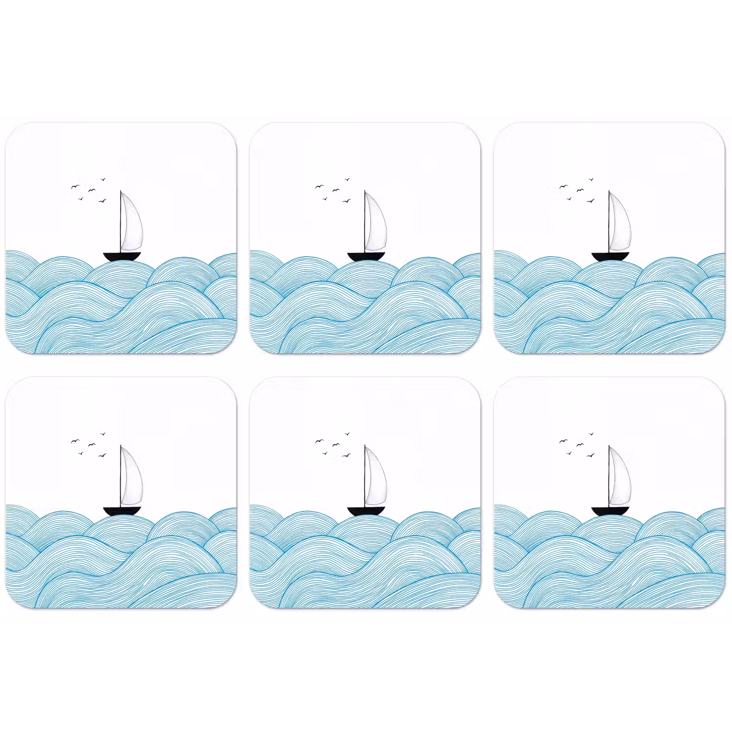 Zeilboot - Golven - Zee - Illustratie - Blauw onderzetter kurk middel -zkaufland3dotto