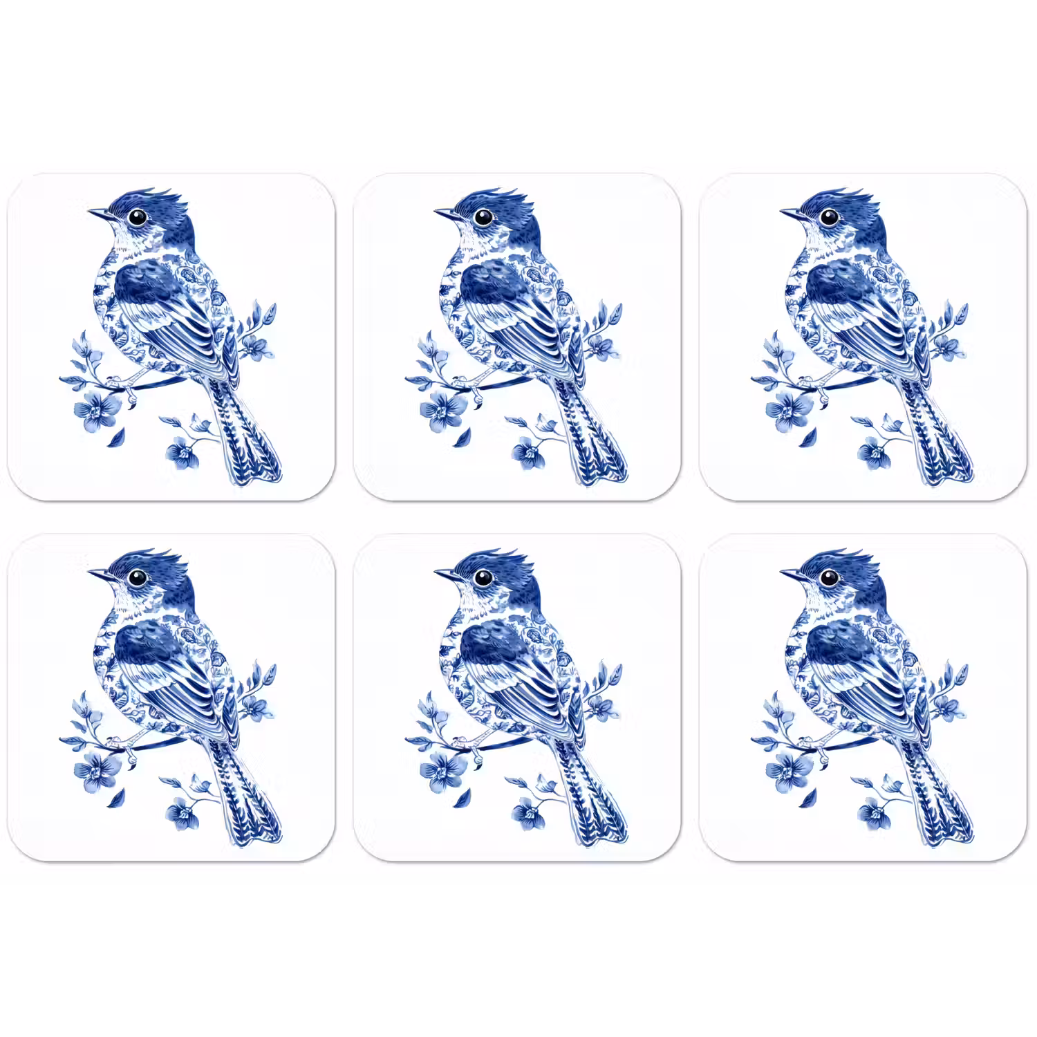 Vogel - Delfts blauw - Illustratie - Bloemen onderzetter kurk middel -zkaufland3dotto