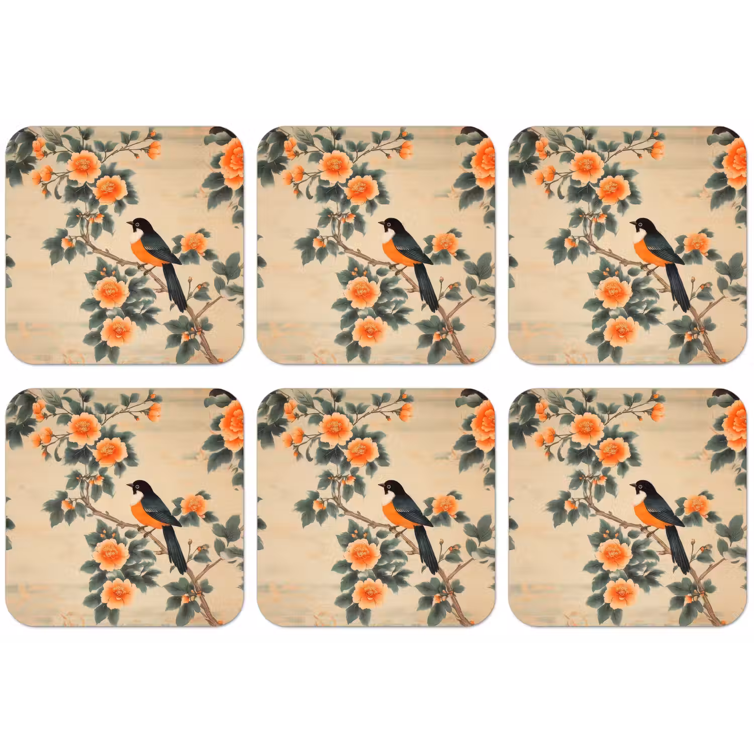 Vogel - Tak - Bloemen - Oranje onderzetter kurk middel -zkaufland3dotto