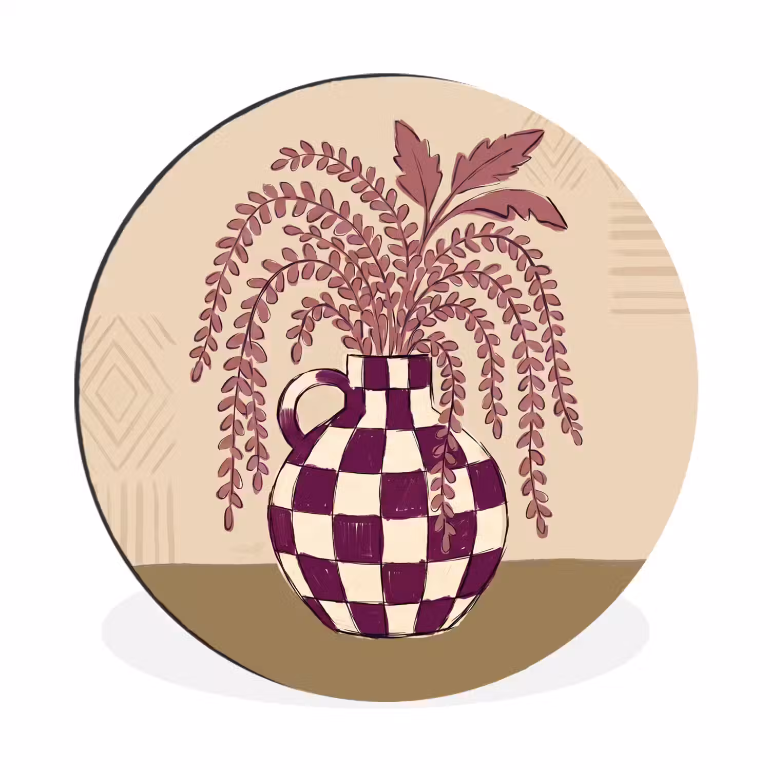 Vaas - Geruit - Planten - Modern - Paars Wandcirkel aluminium klein -3d