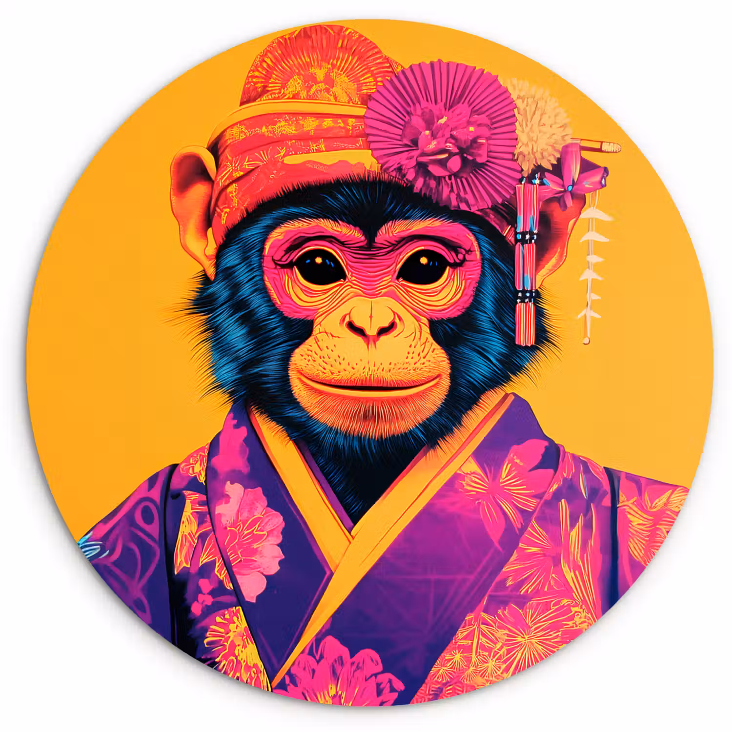 Aap - Kimono - Bloemen - Hoofdtooi Wandcirkel plexiglas klein -3d