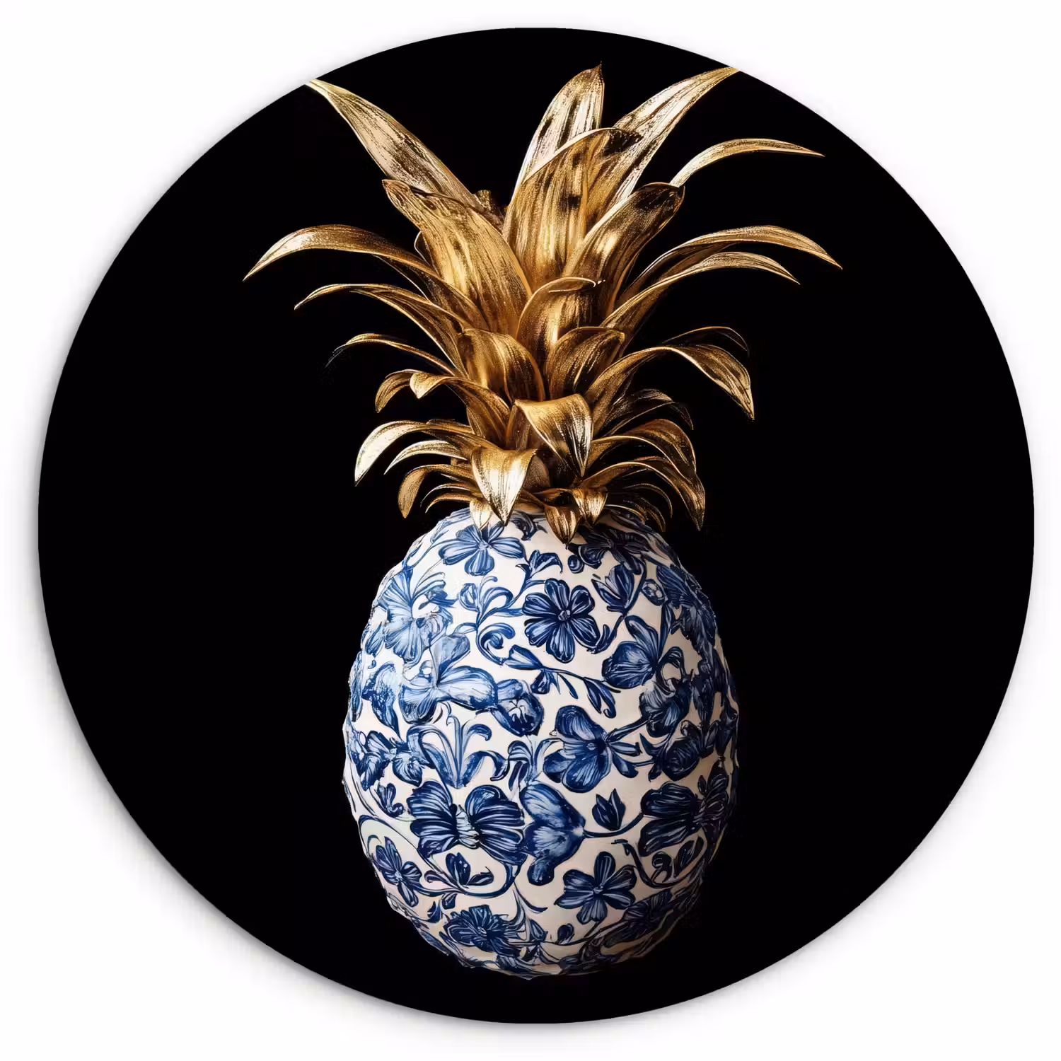 Ananas - Bloemen patroon - Goud - Delftsblauw Wandcirkel plexiglas klein -3d