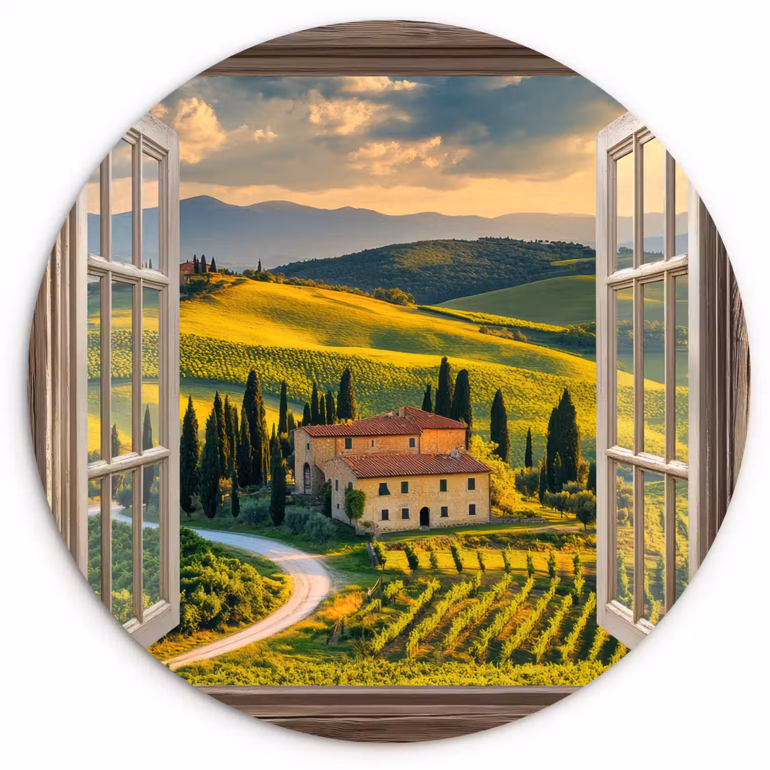 Doorkijk - Toscane - Uitzicht - Landschap - Zomer Wandcirkel plexiglas klein -3d